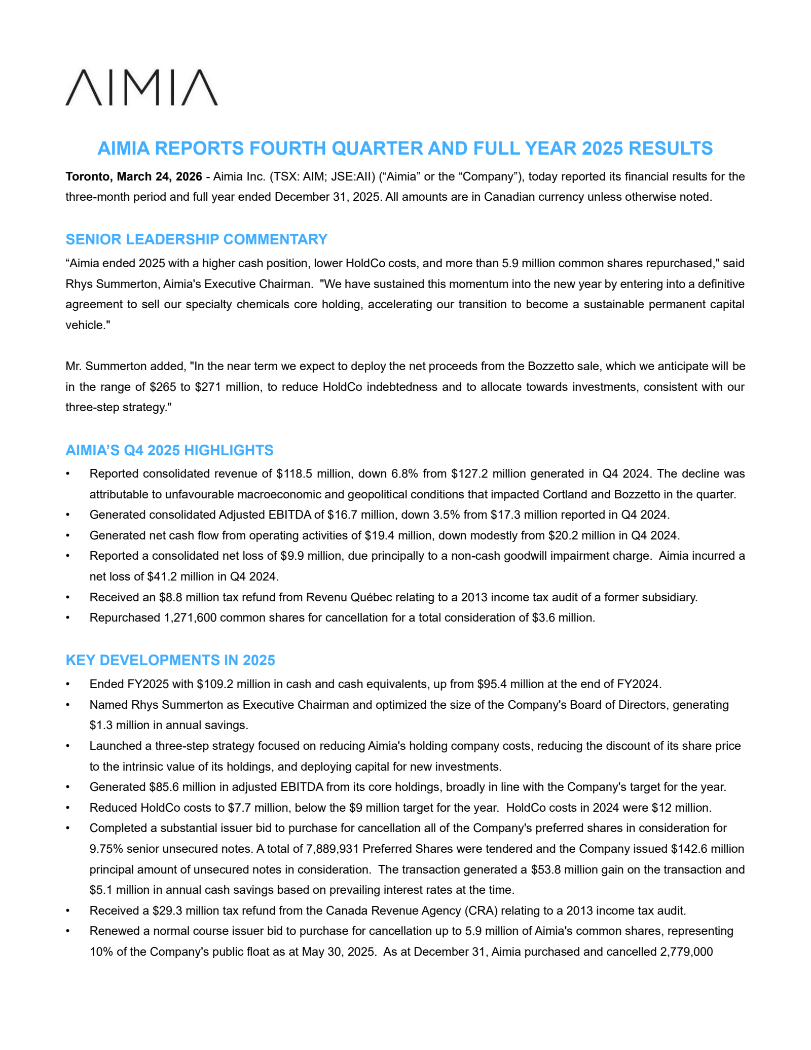 Aimia's Q4 2025 Press Release