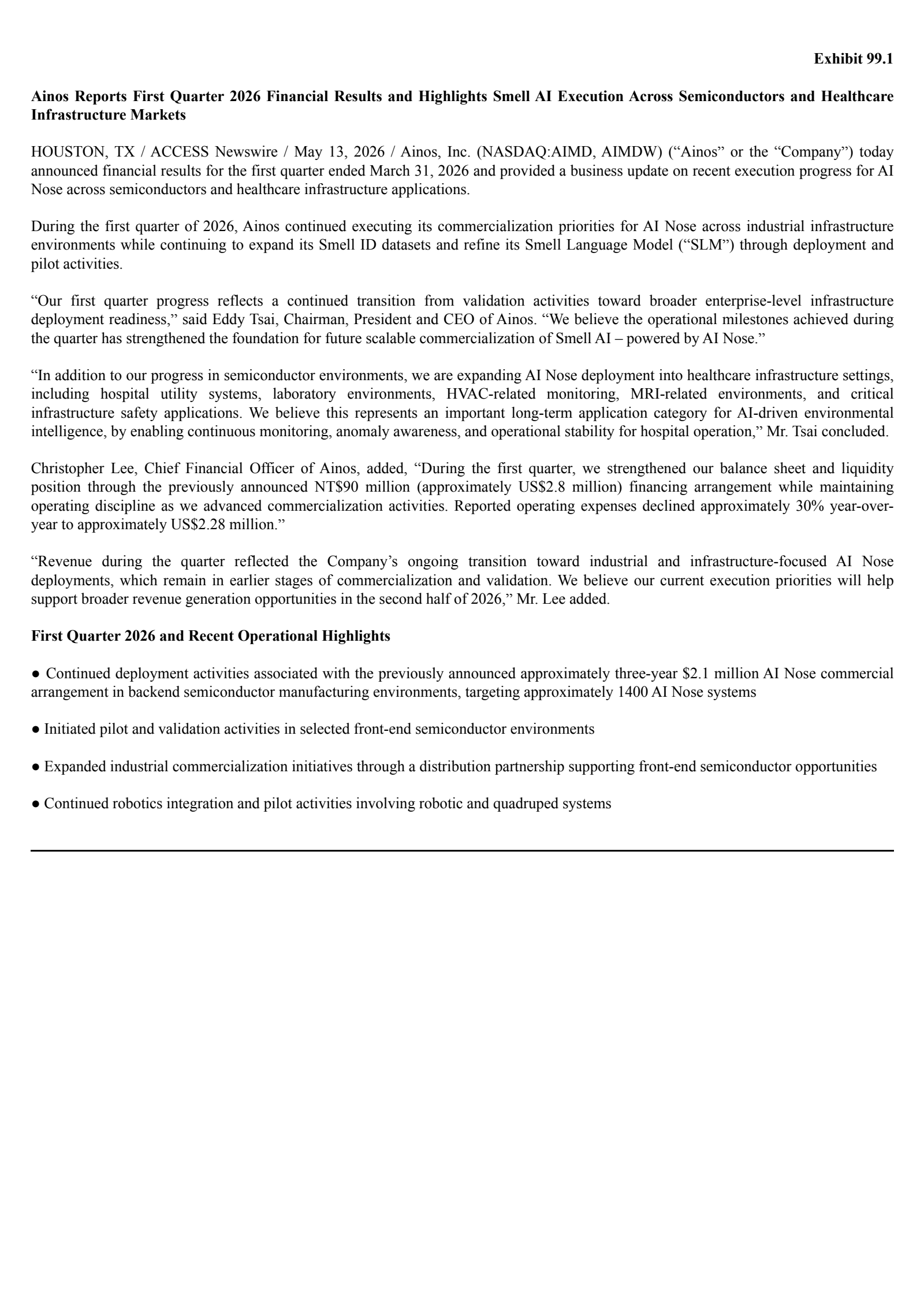 Ainos' Q1 2026 Press Release