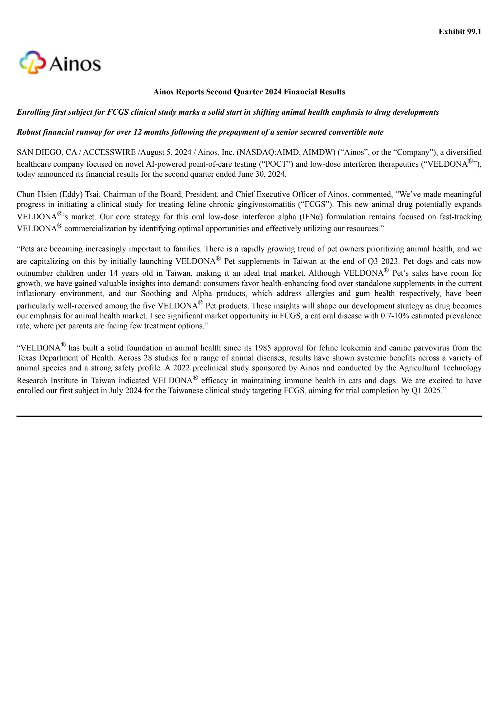 Ainos' Q2 2024 Press Release