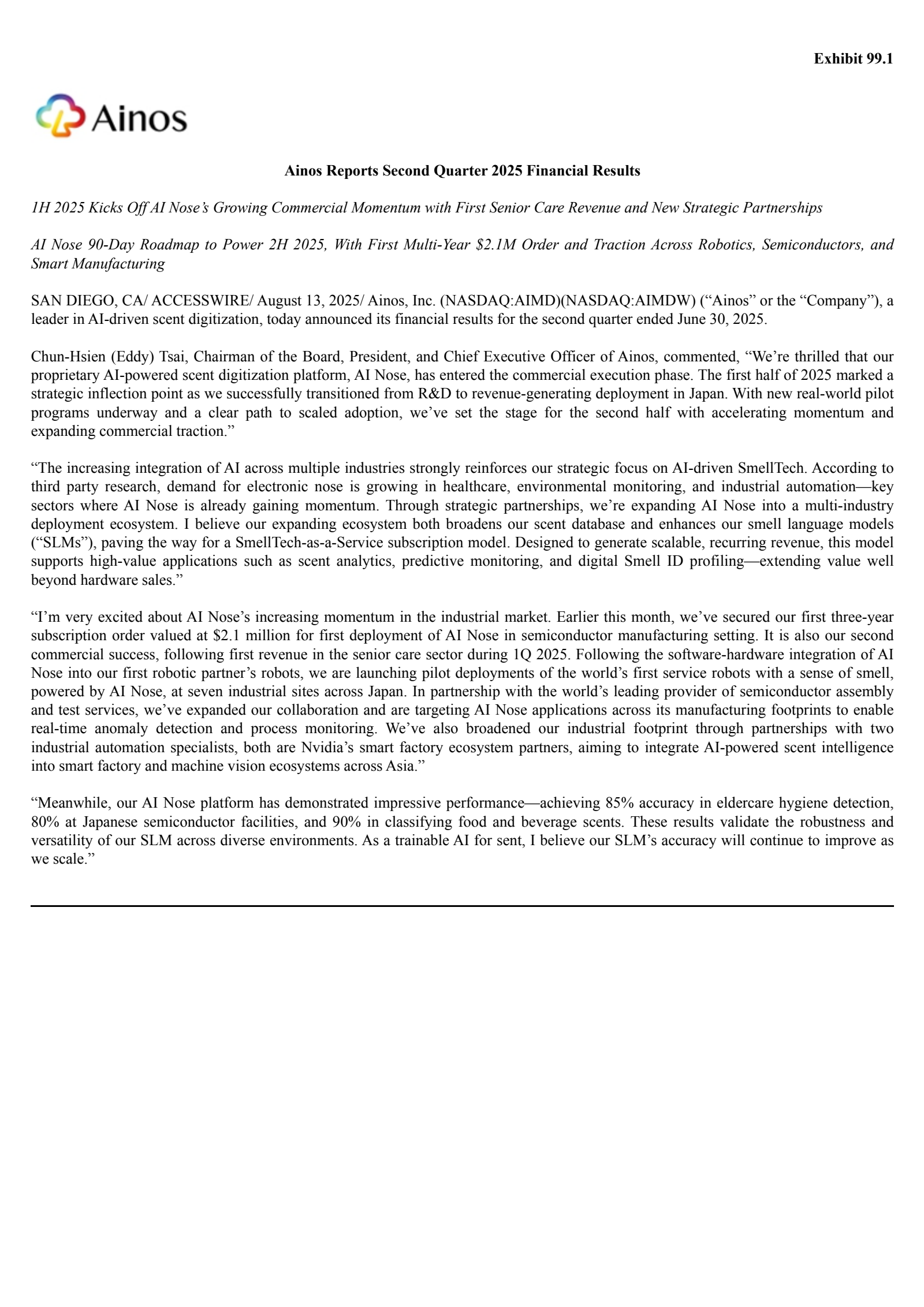 Ainos' Q2 2025 Press Release