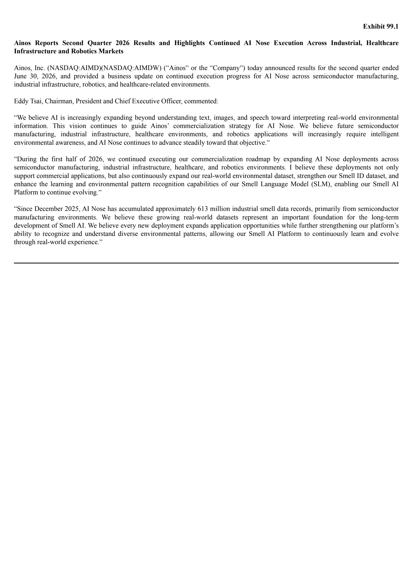 Ainos' Q2 2026 Press Release