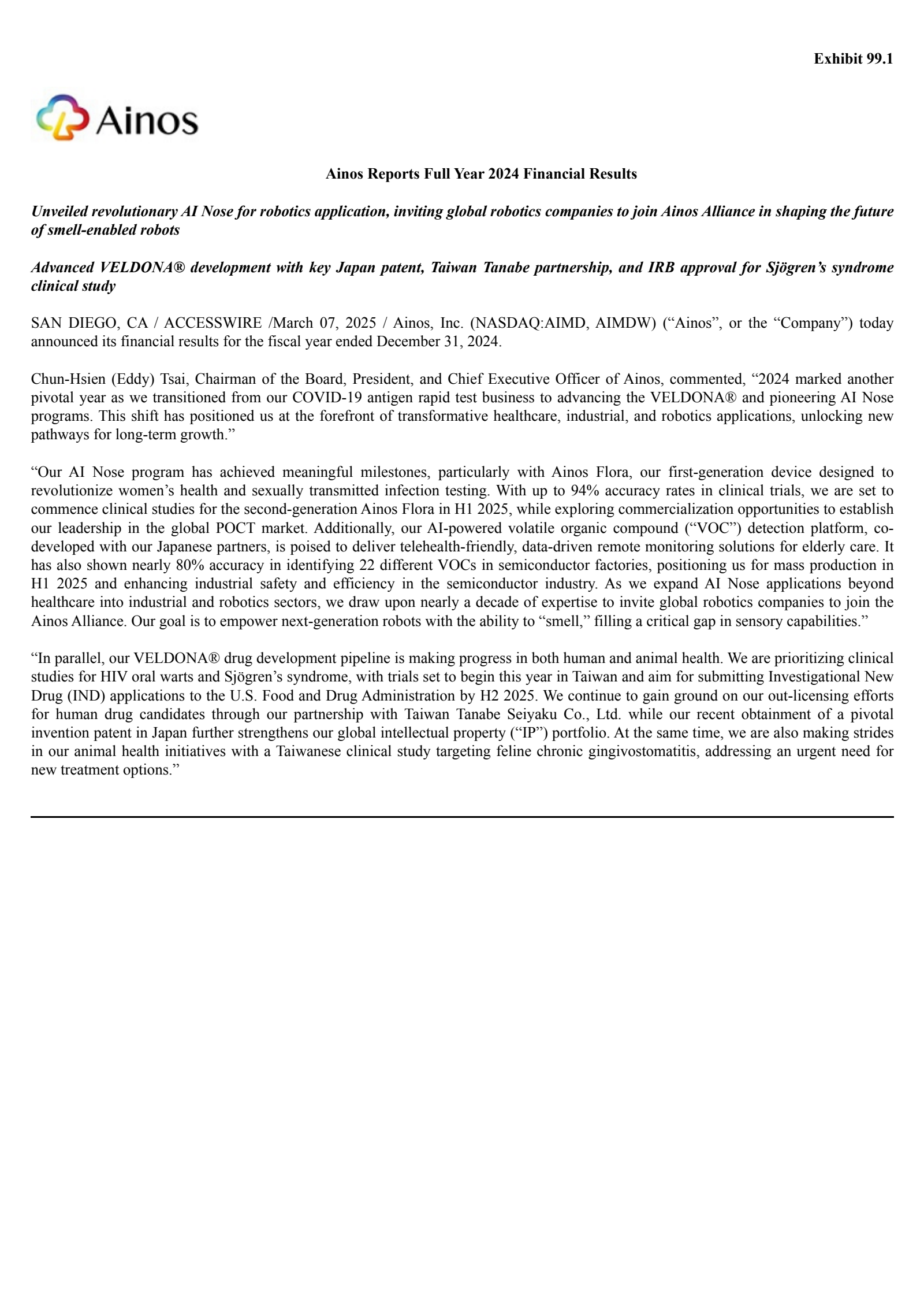 Ainos' Q4 2024 Press Release