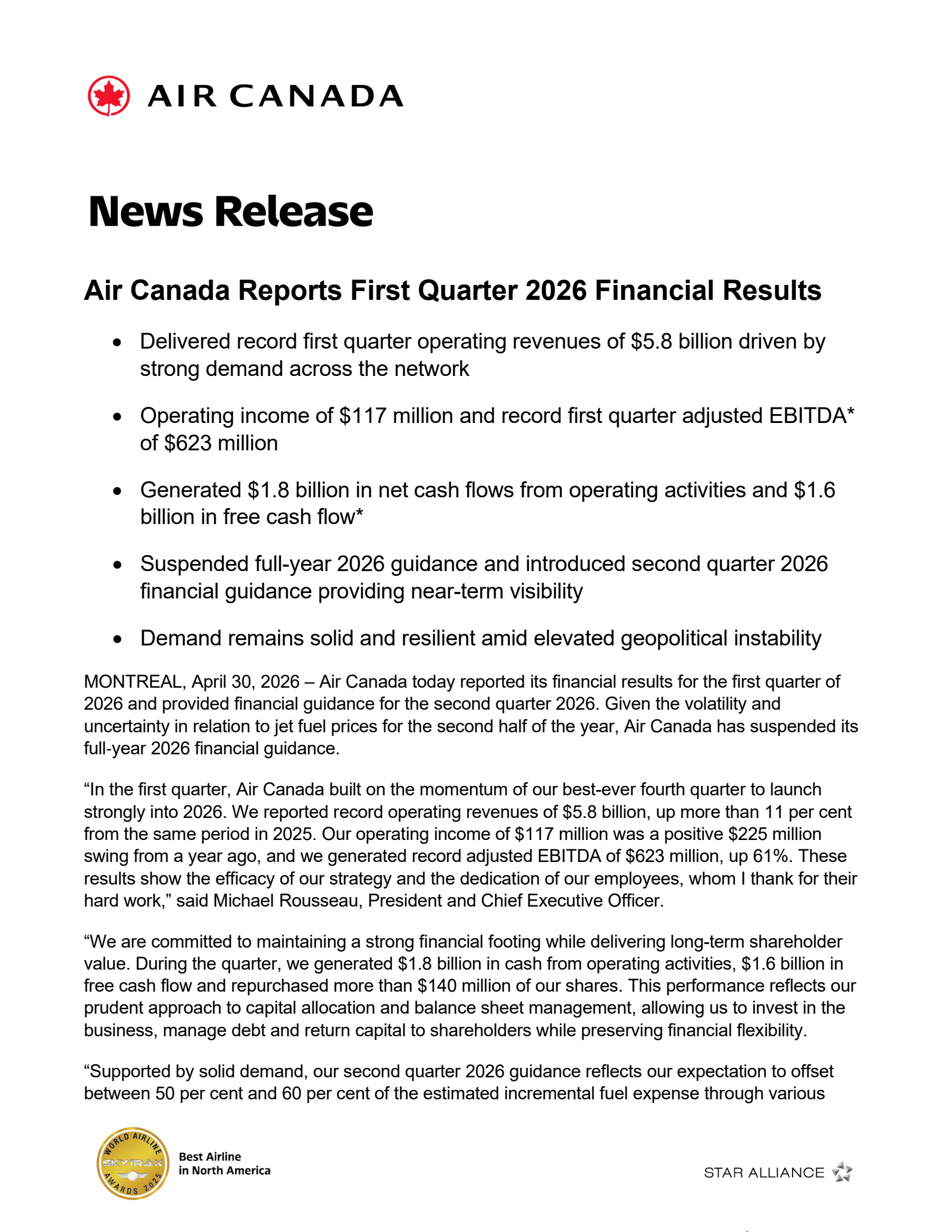 Air Canada's Q1 2026 Press Release