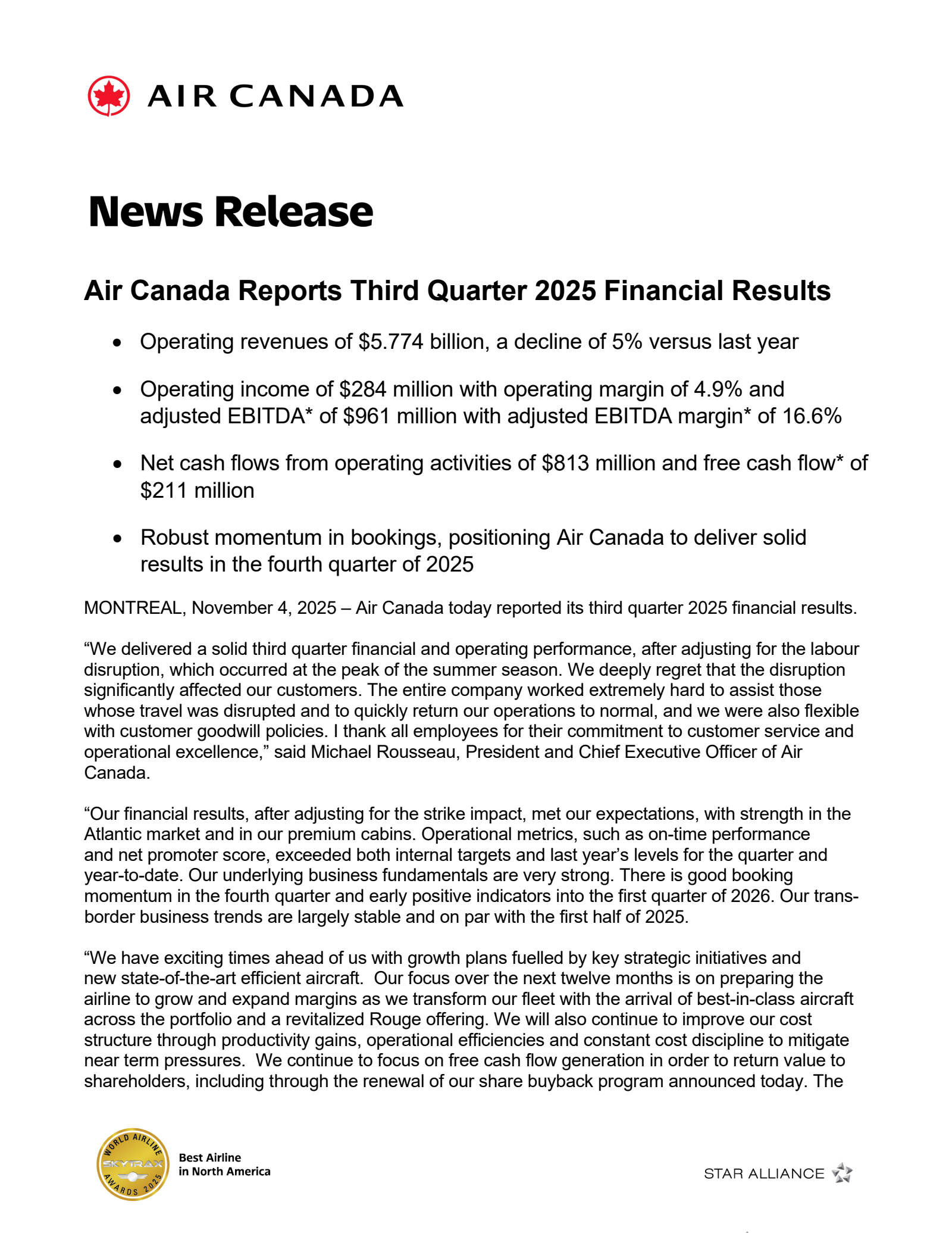Air Canada's Q3 2025 Earnings Release
