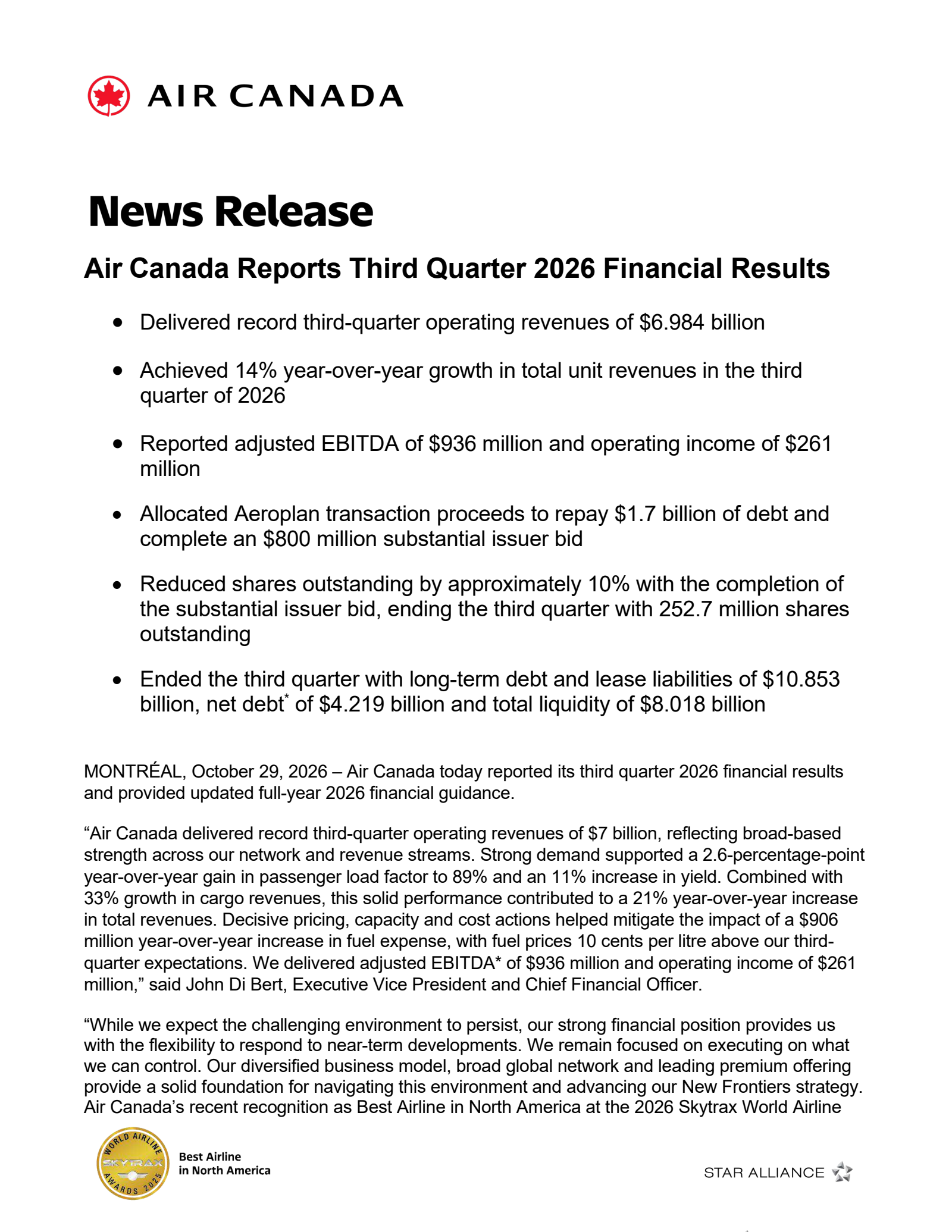Air Canada's Q3 2026 Press Release