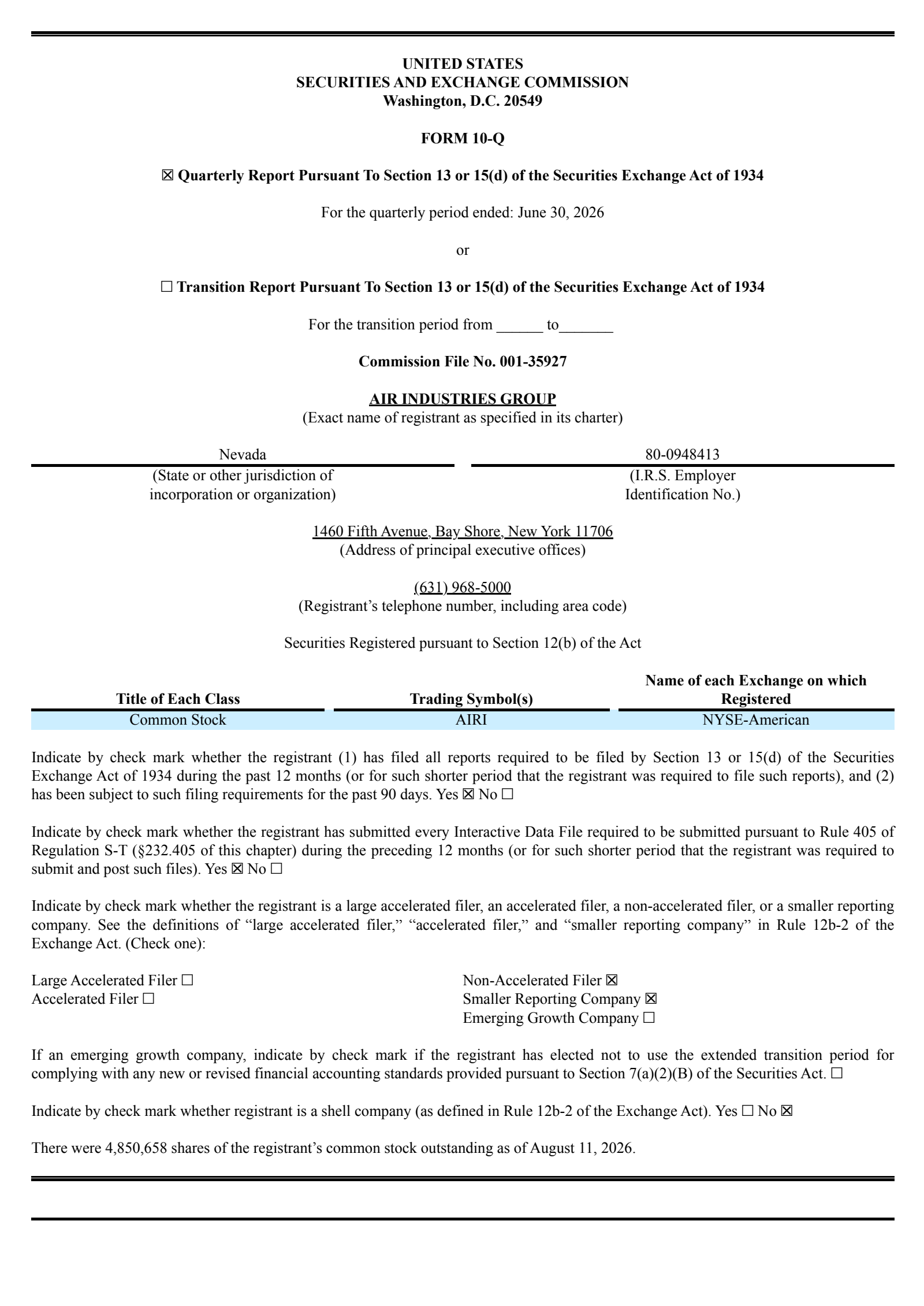 Air Industries Group's Q2 2026 Quarterly report