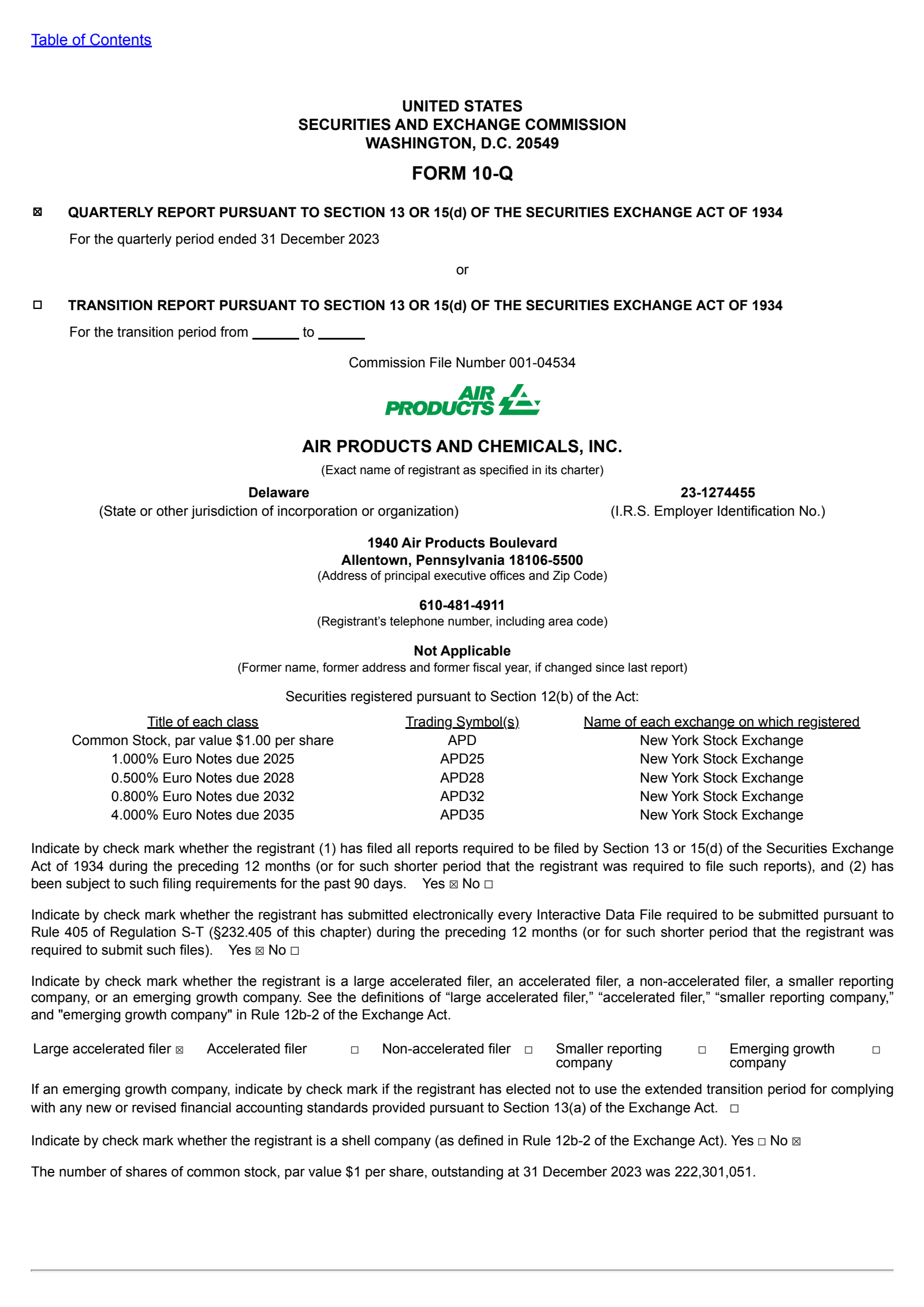 Air Products and Chemicals' Q1 2024 Quarterly report