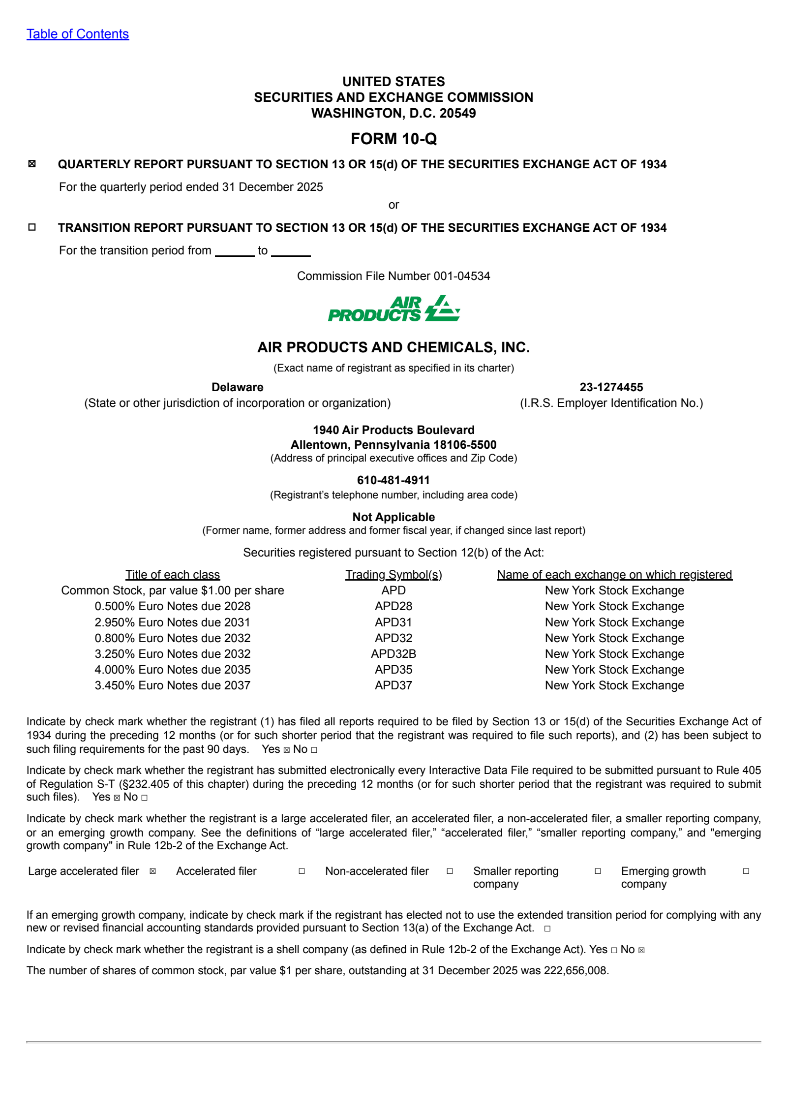 Air Products and Chemicals' Q1 2026 Quarterly report