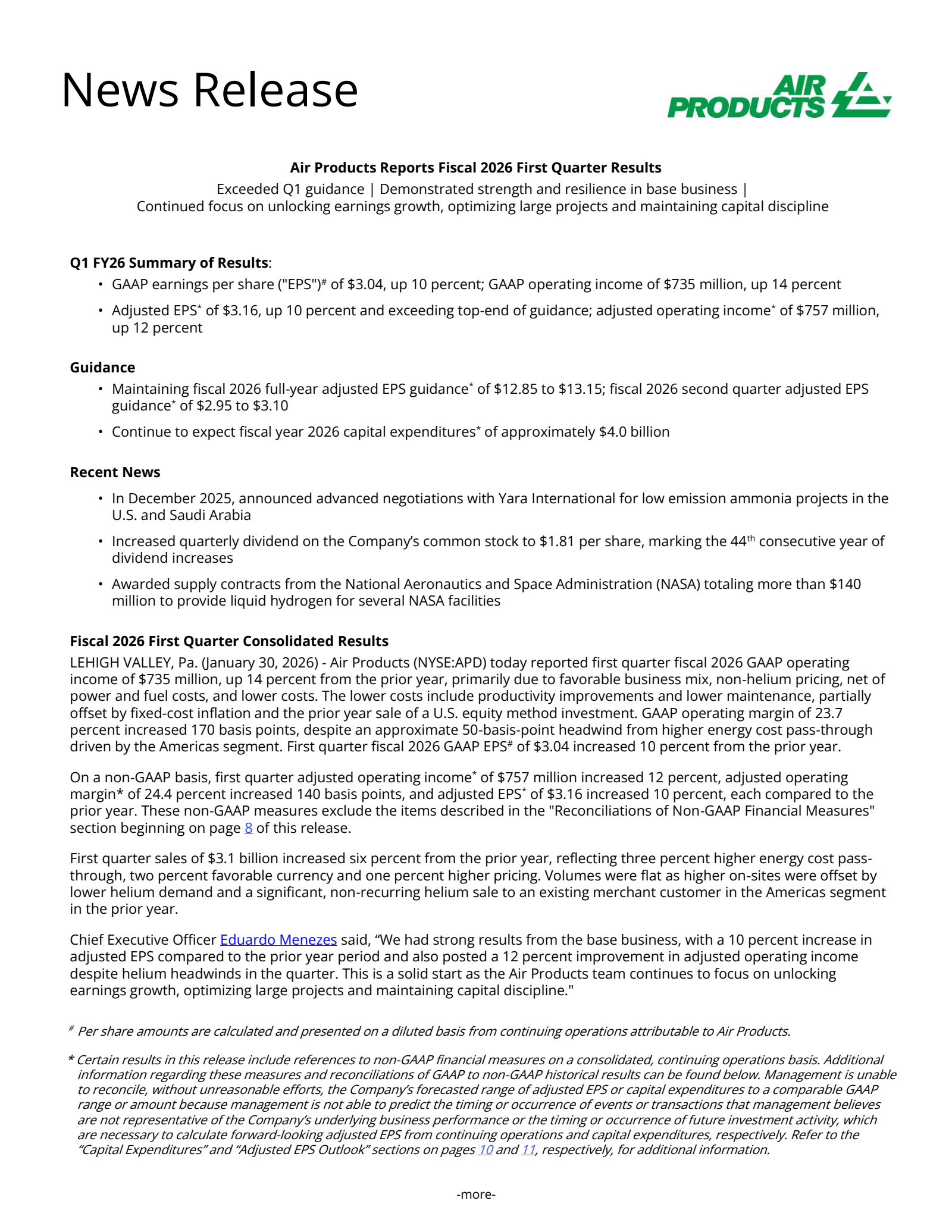 Air Products and Chemicals' Q1 2026 Press Release