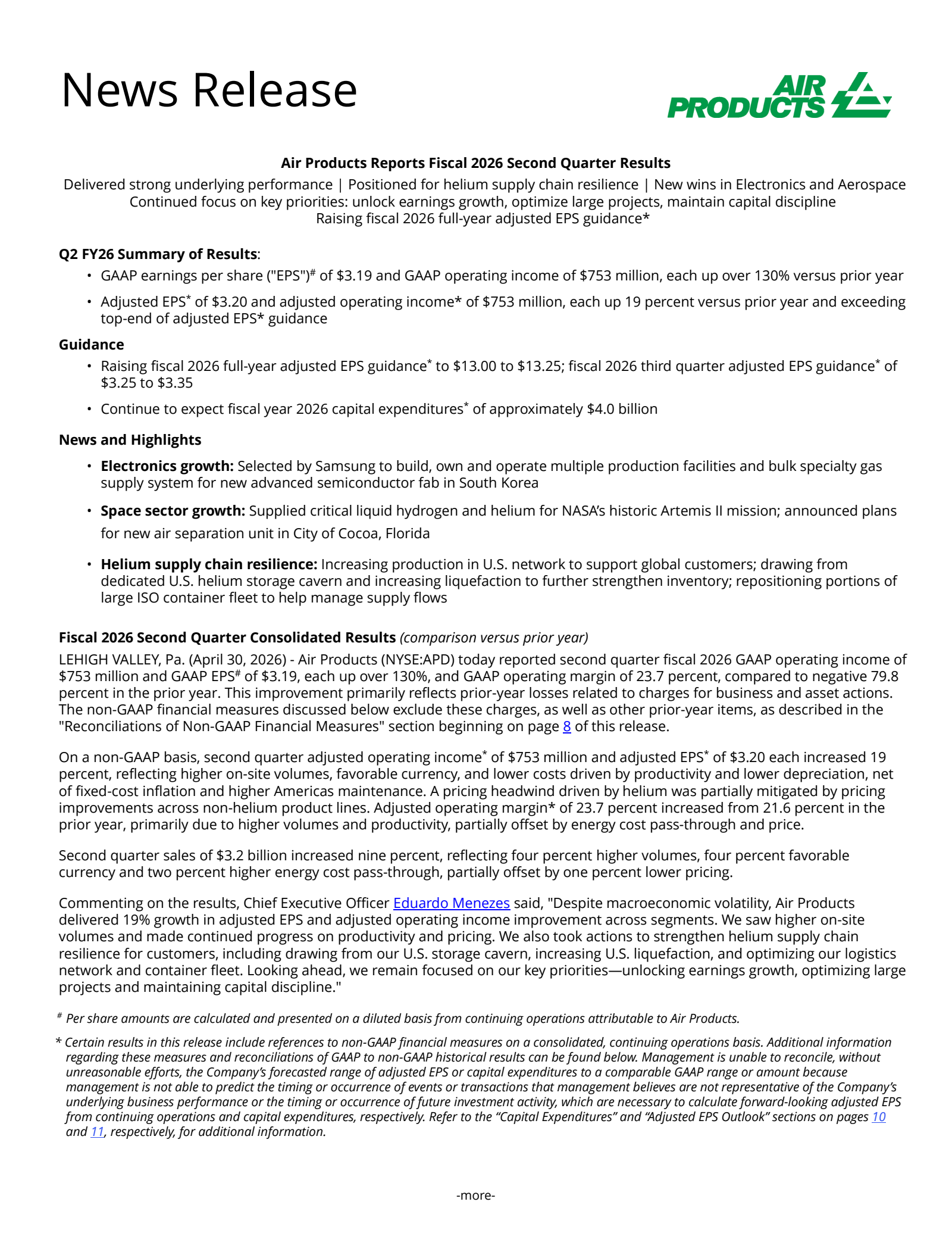Air Products and Chemicals' Q2 2026 Press Release