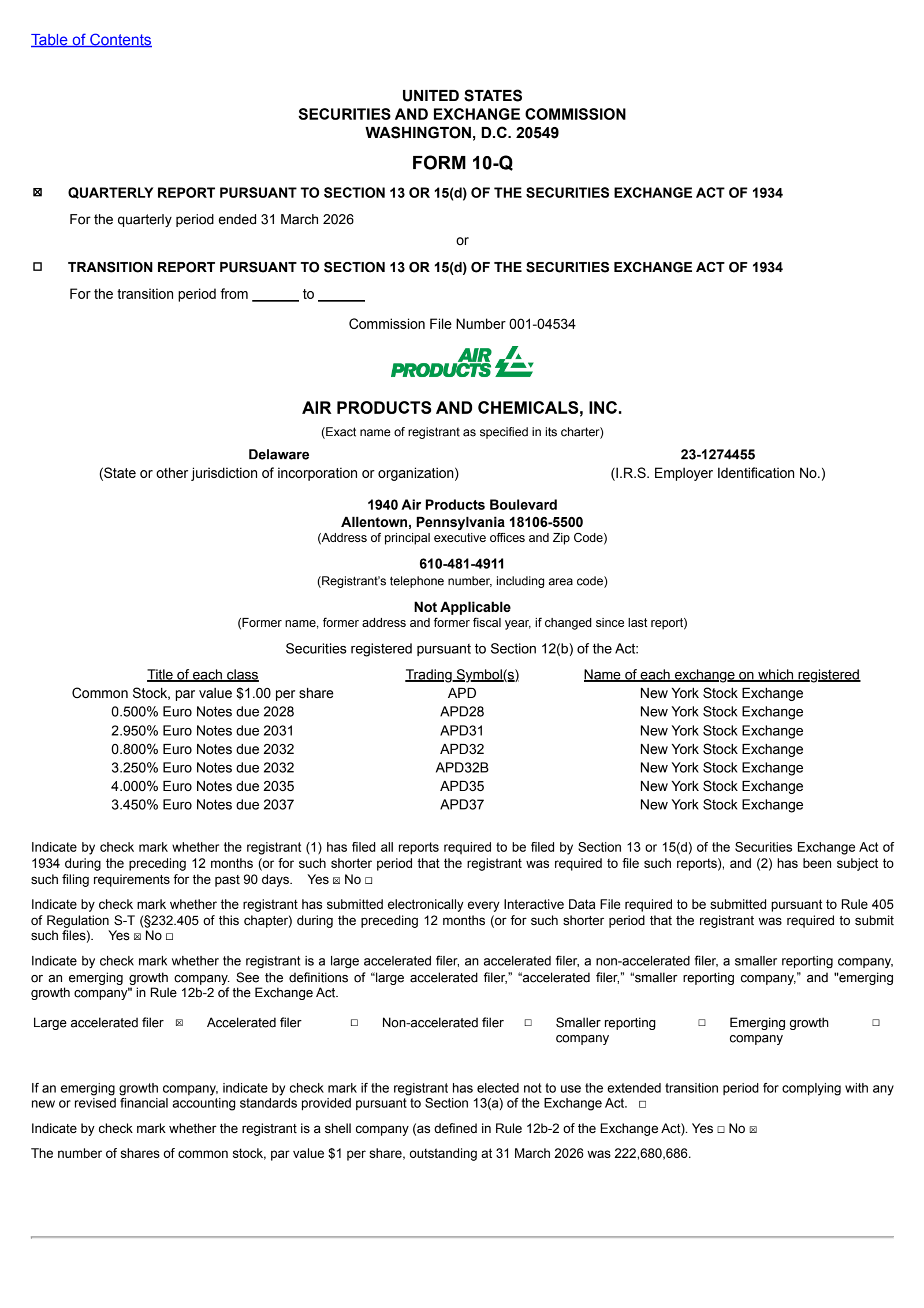 Air Products and Chemicals' Q2 2026 Quarterly report