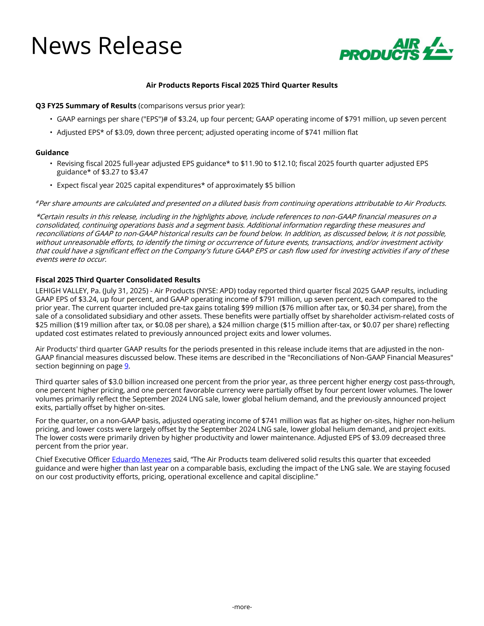Air Products and Chemicals' Q3 2025 Press Release
