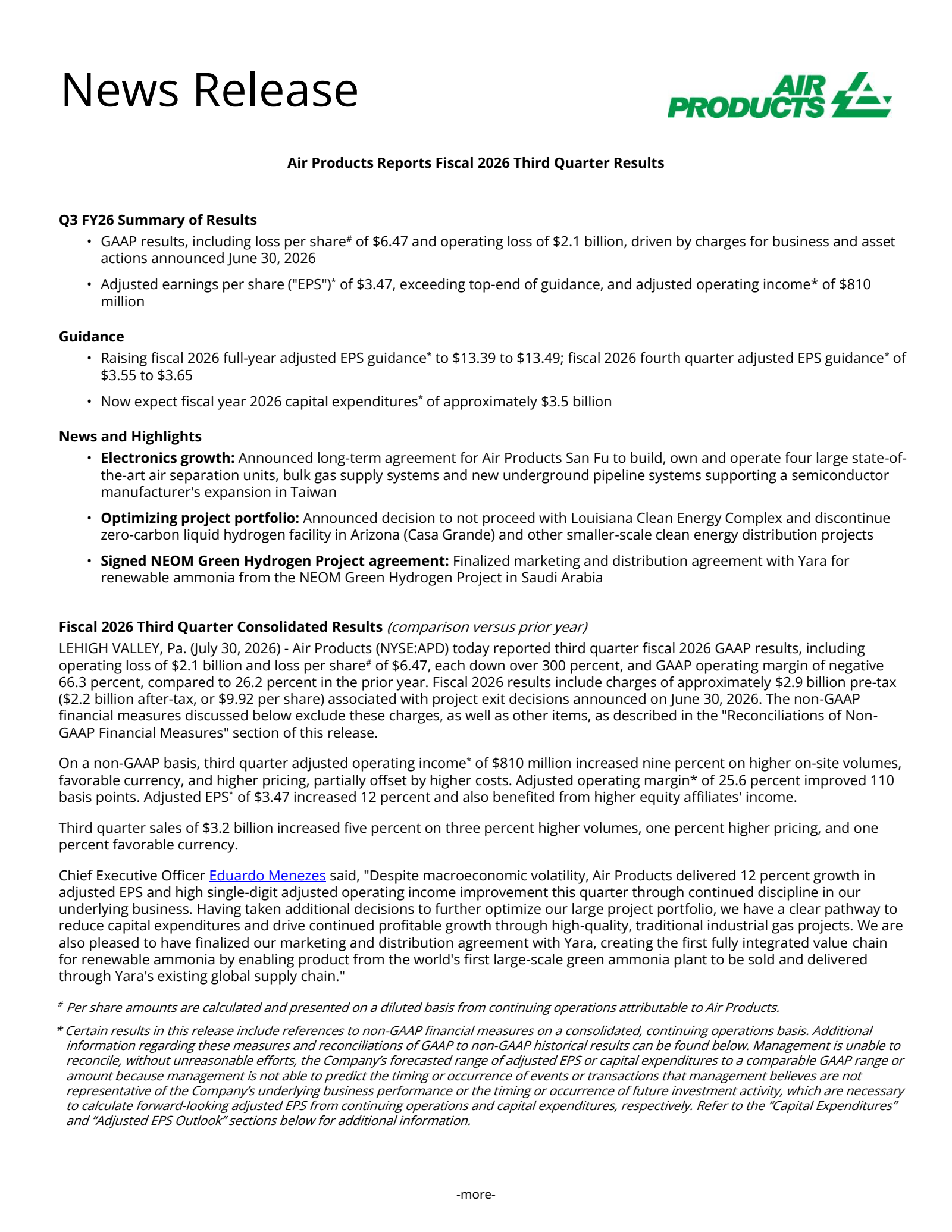 Air Products and Chemicals' Q3 2026 Press Release