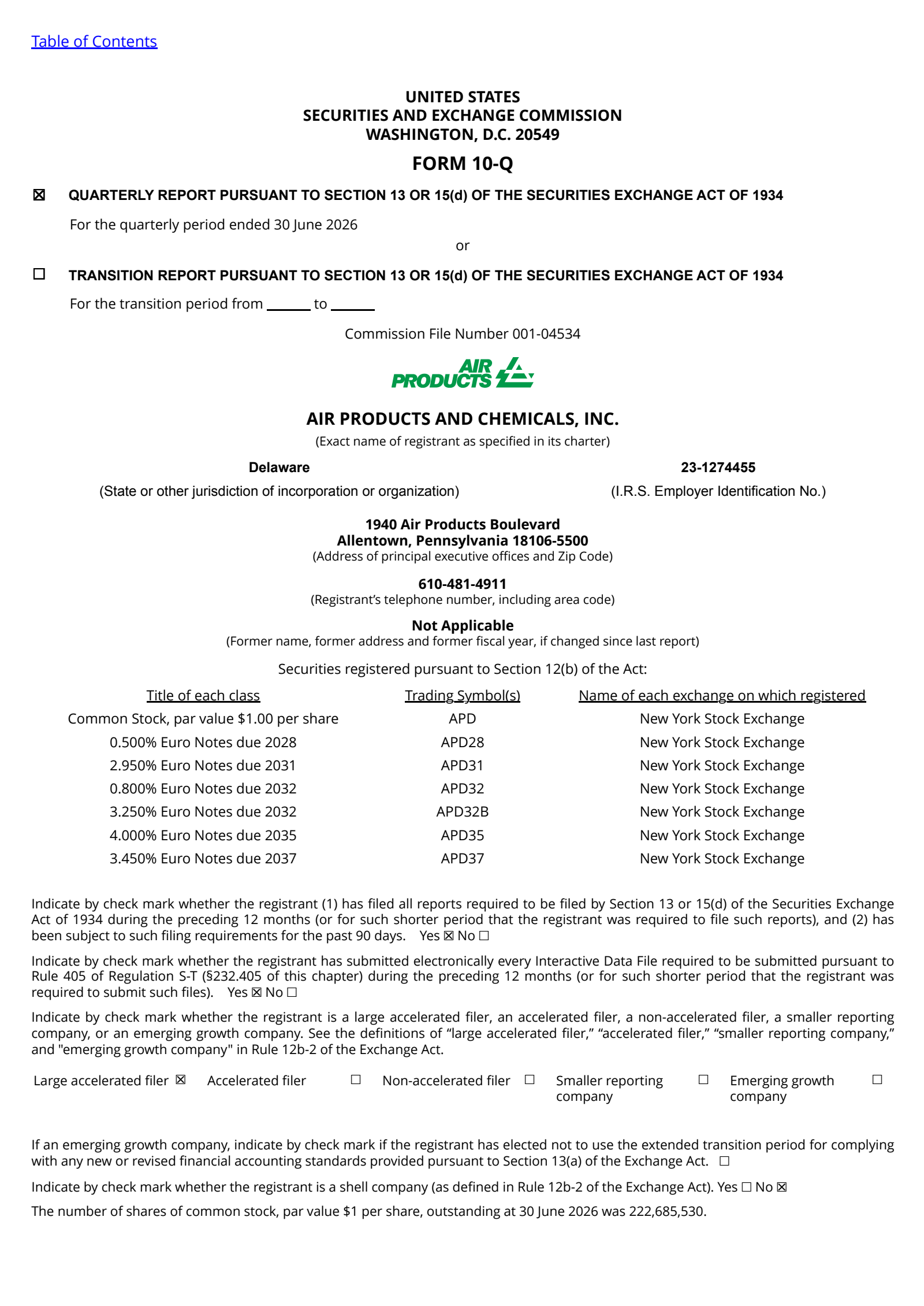 Air Products and Chemicals' Q3 2026 Quarterly report