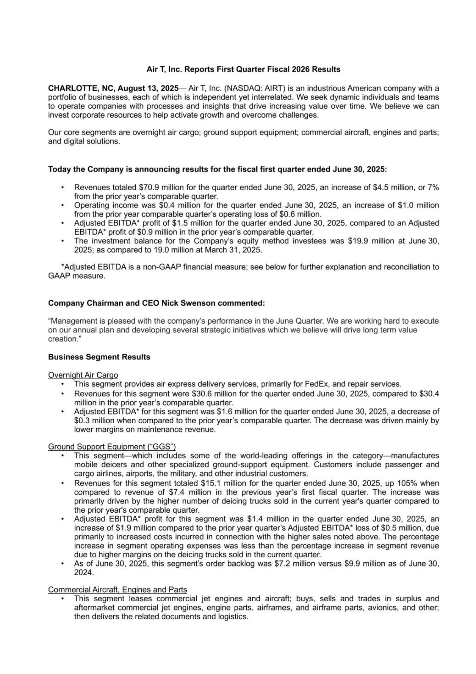 Air T's Q1 2026 Press Release