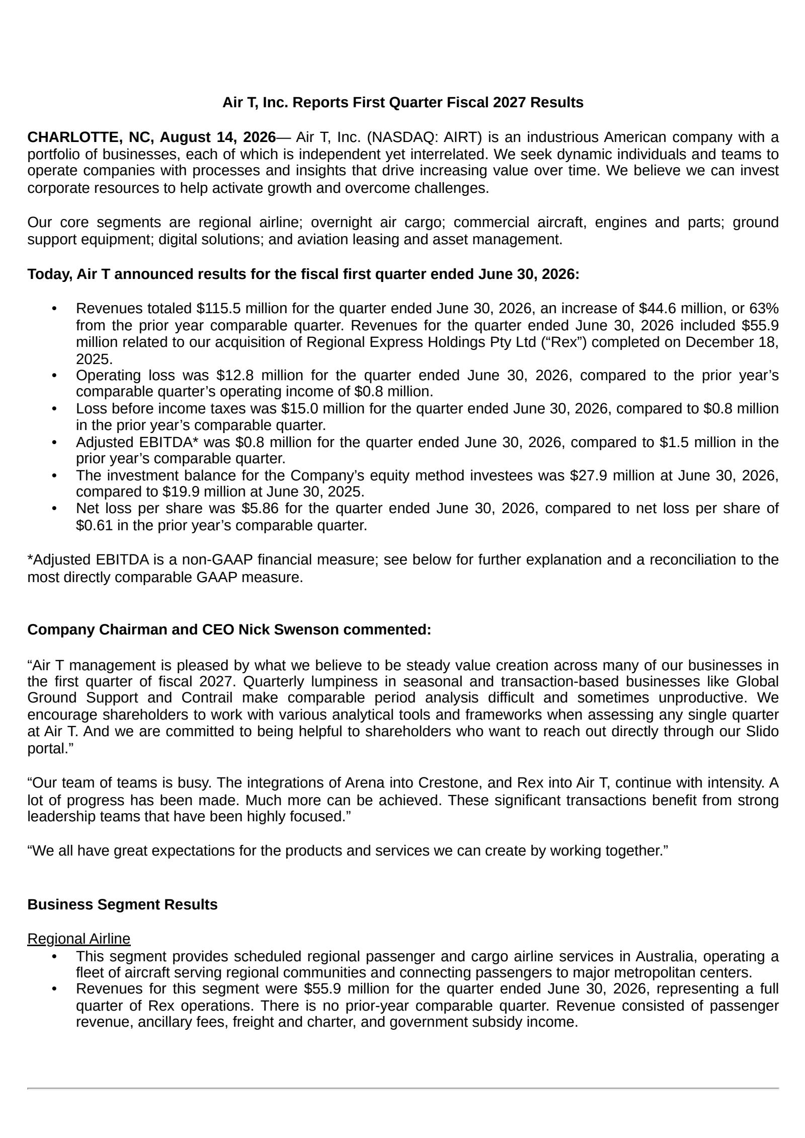 Air T's Q1 2027 Press Release