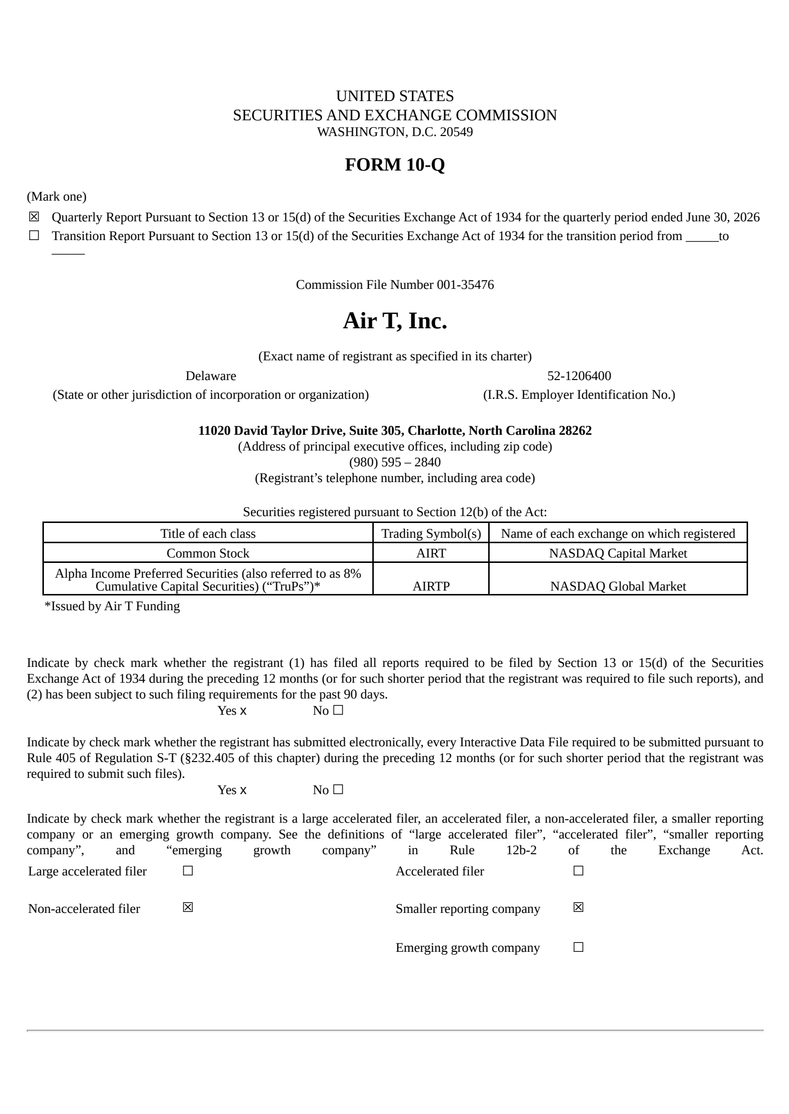 Air T's Q1 2027 Quarterly report