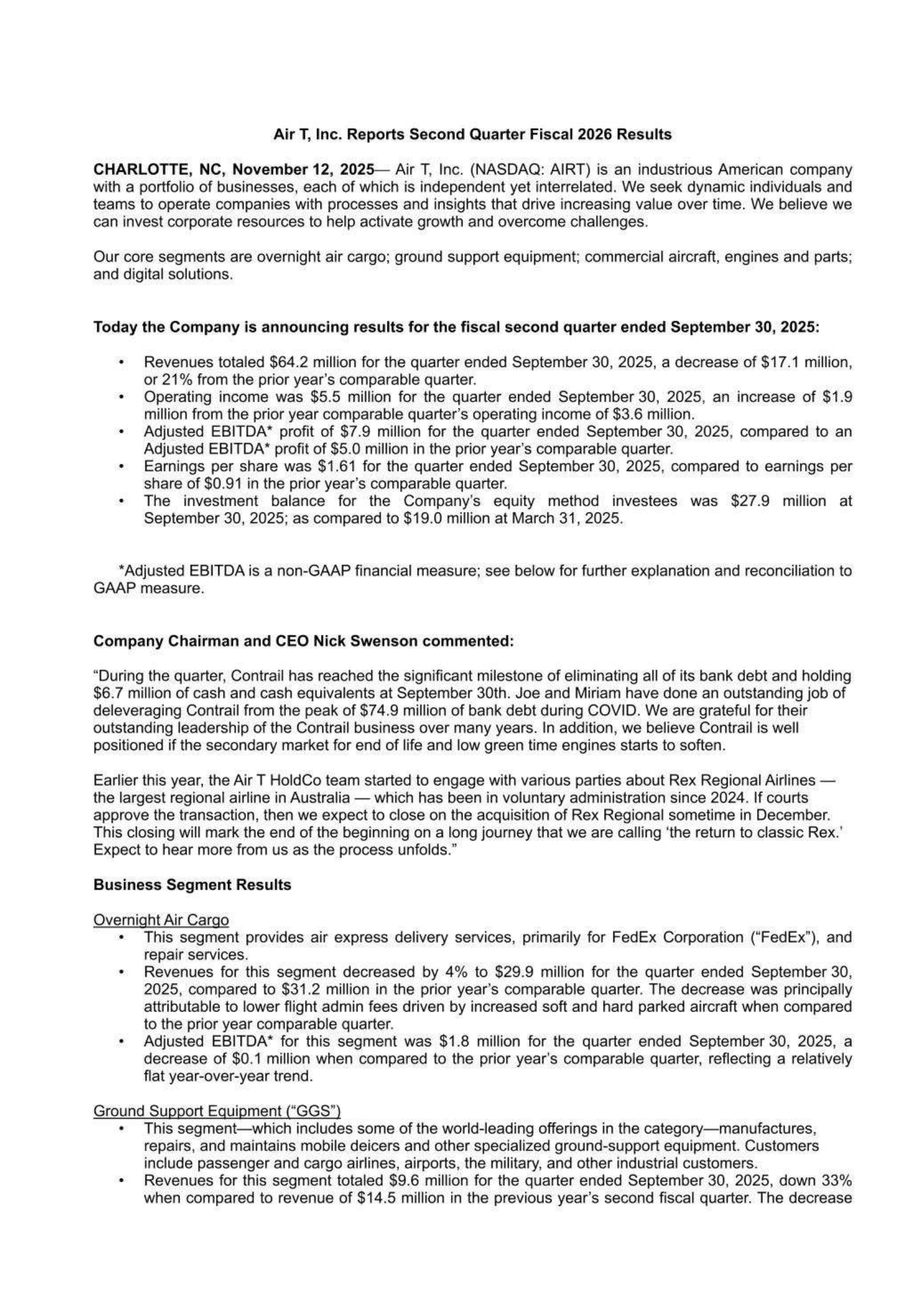 Air T's Q2 2026 Earnings Release