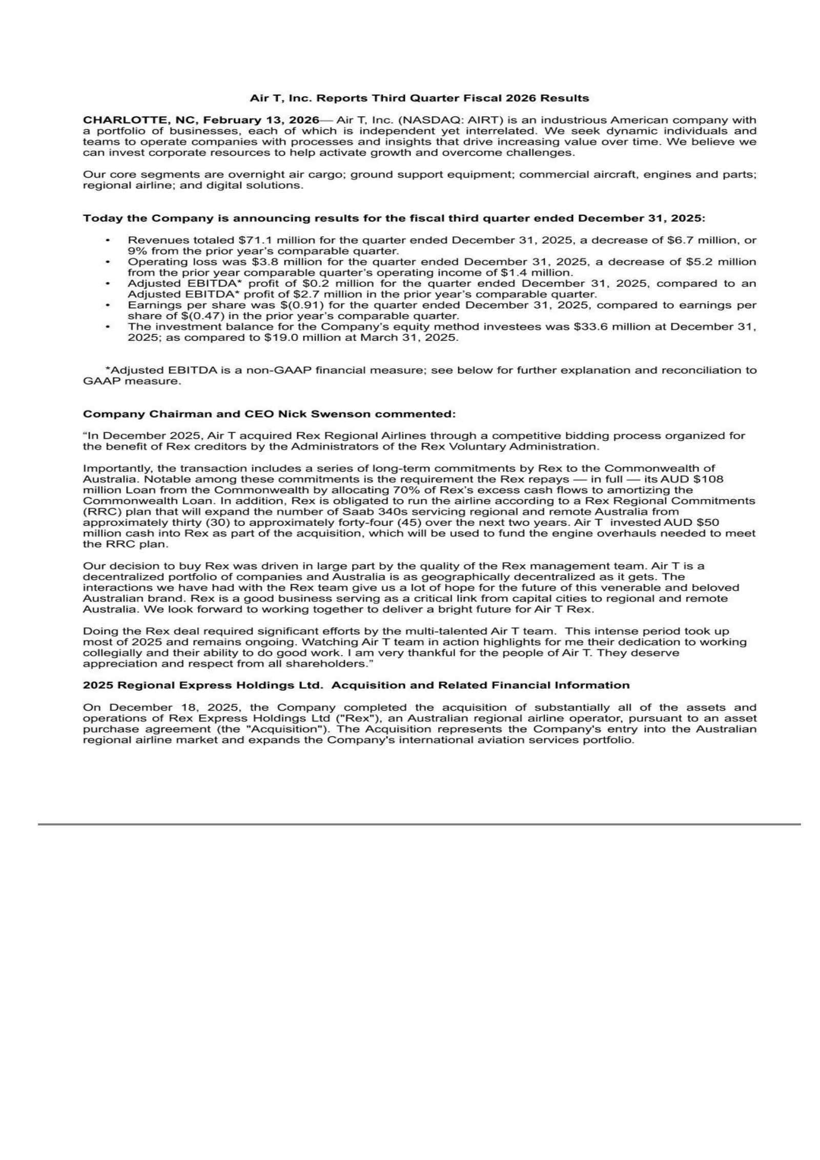 Air T's Q3 2026 Press Release