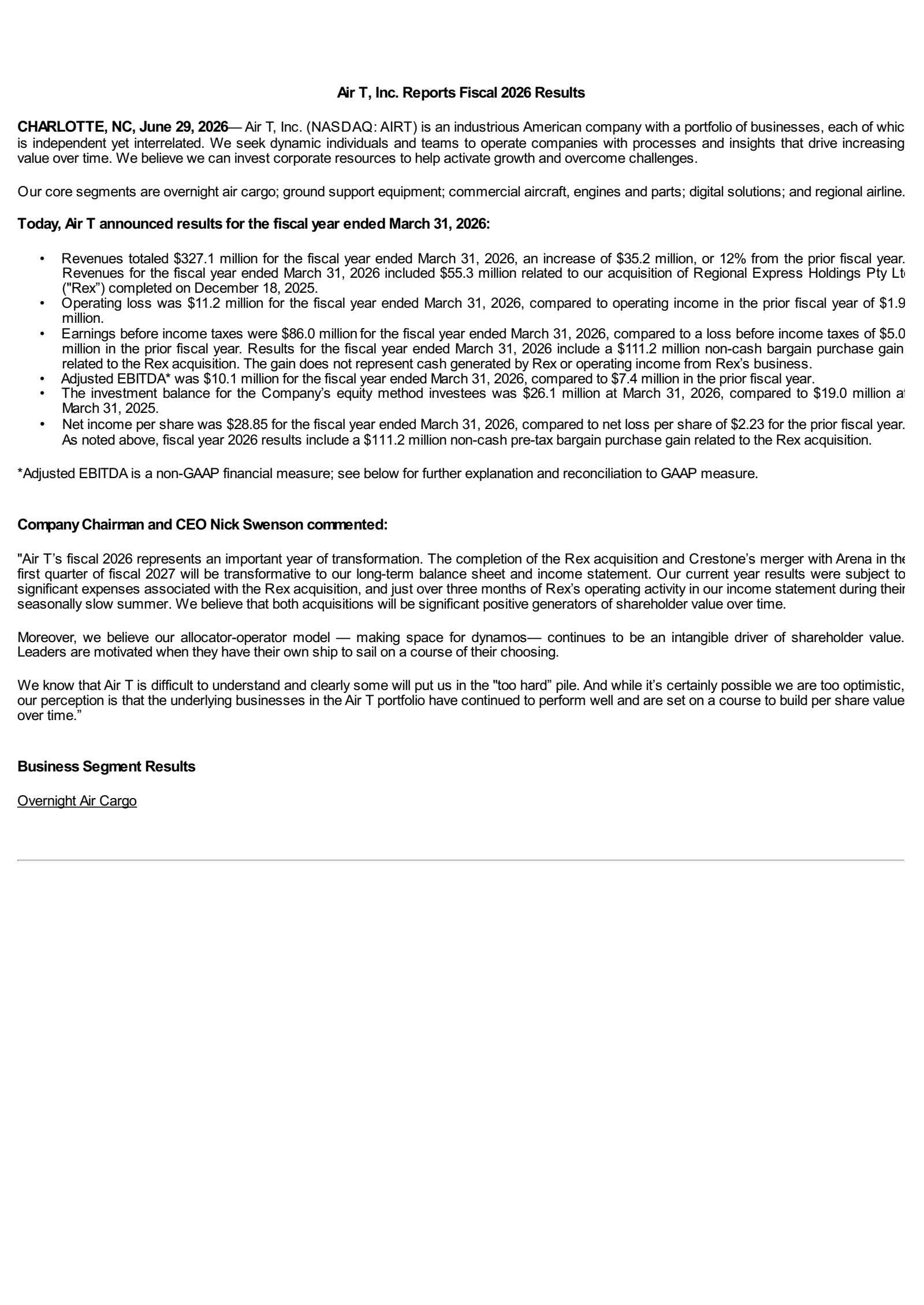 Air T's Q4 2026 Press Release