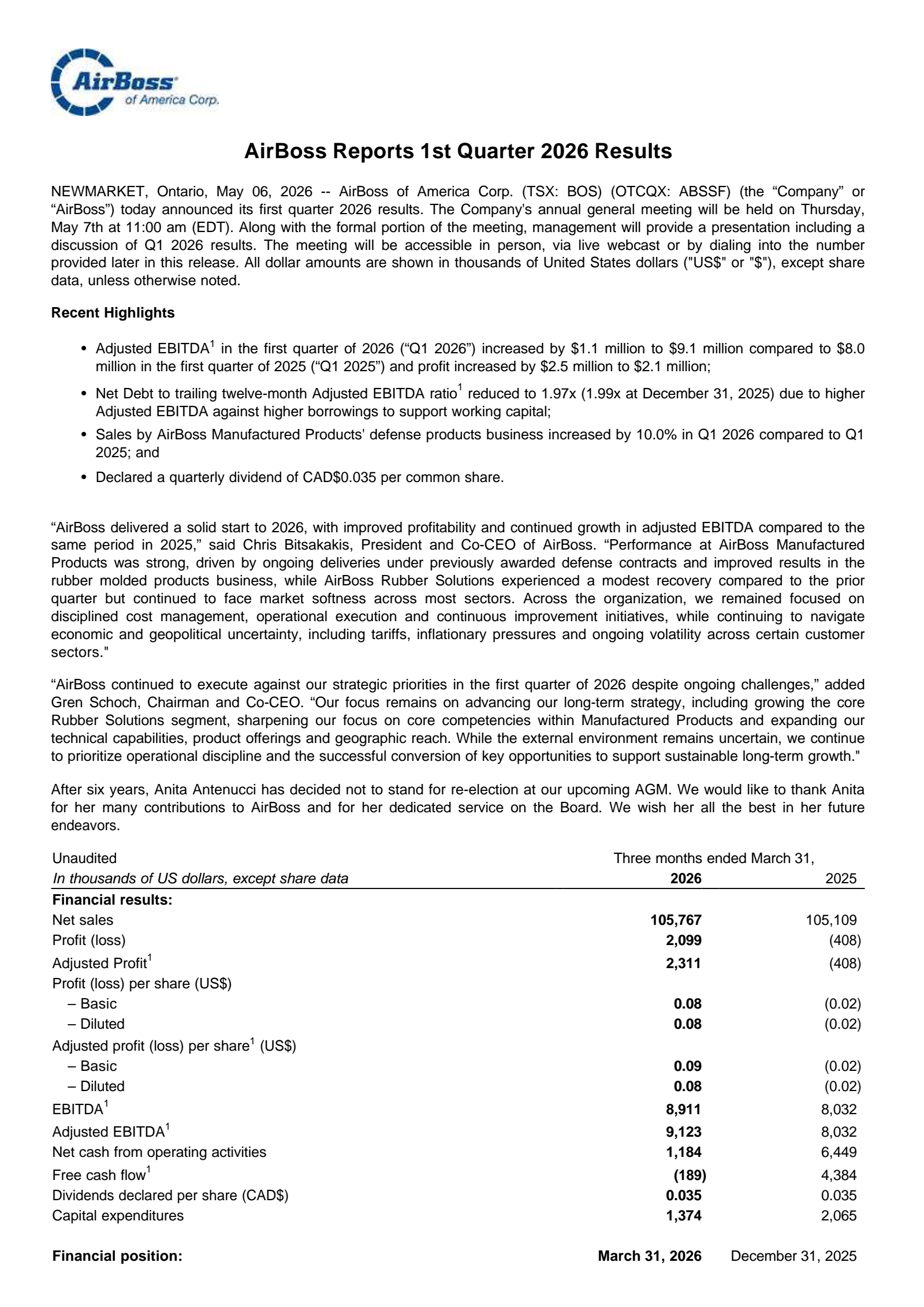 AirBoss of America's Q1 2026 Press Release