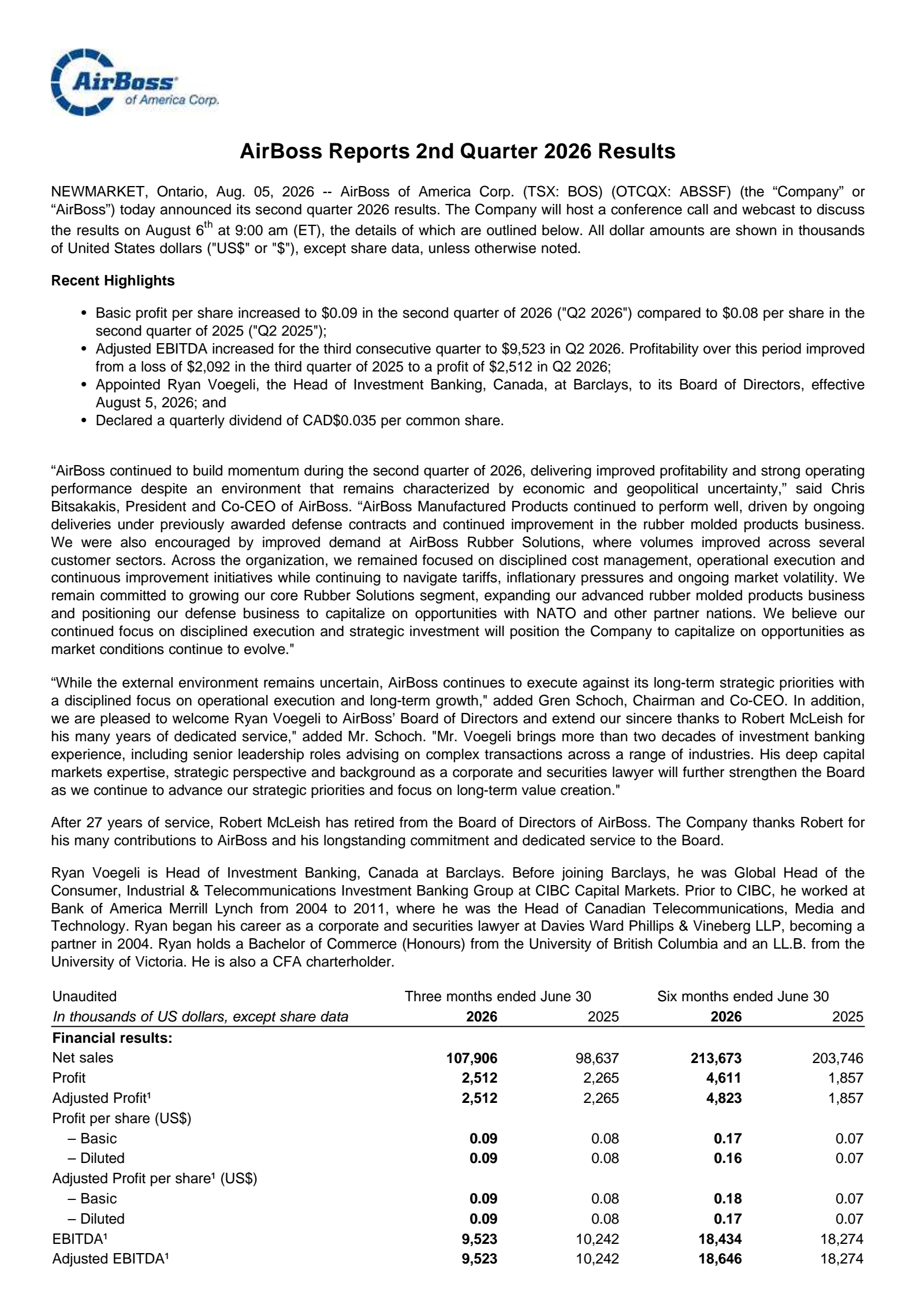 AirBoss of America's Q2 2026 Press Release