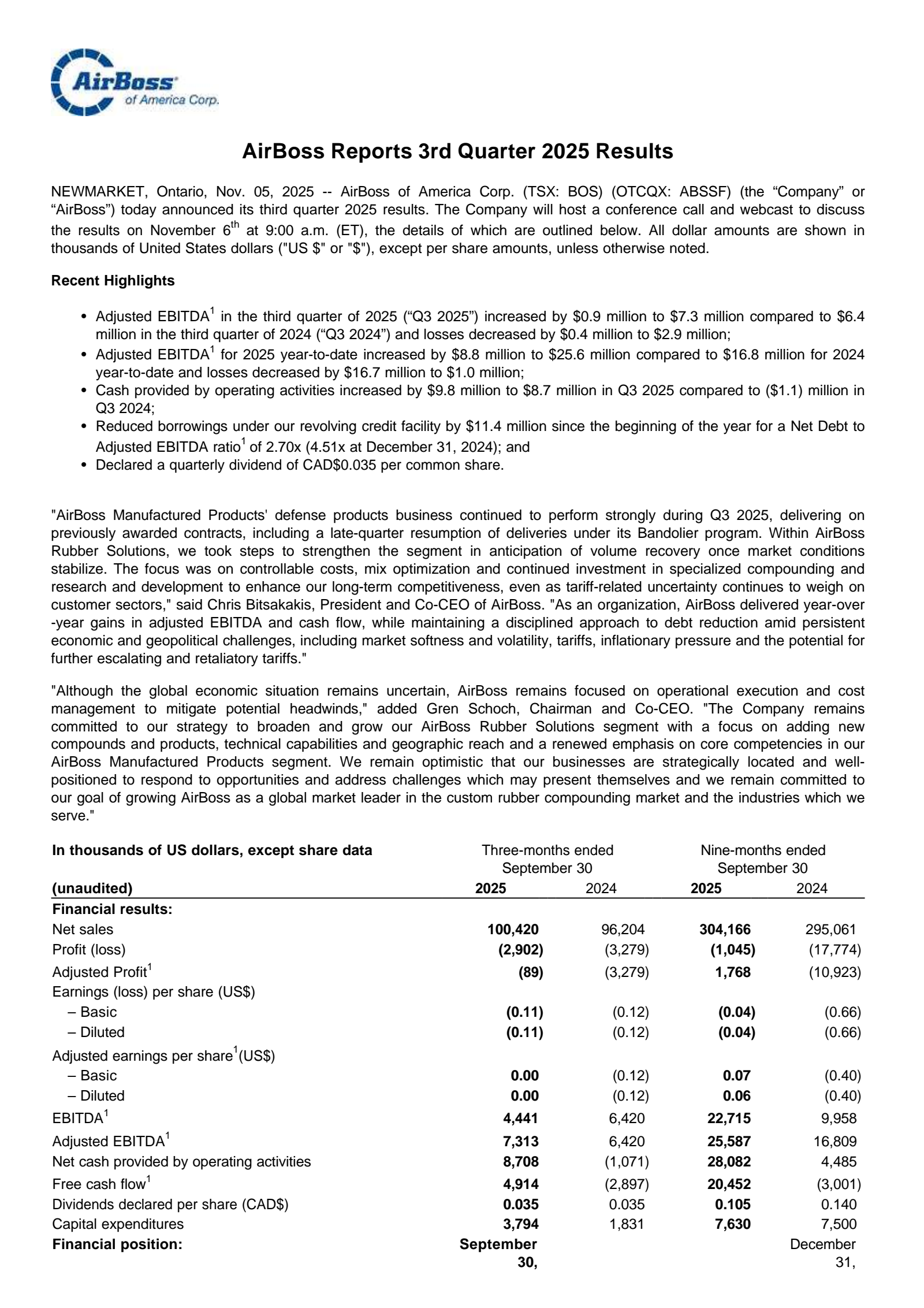 AirBoss of America's Q3 2025 Press Release