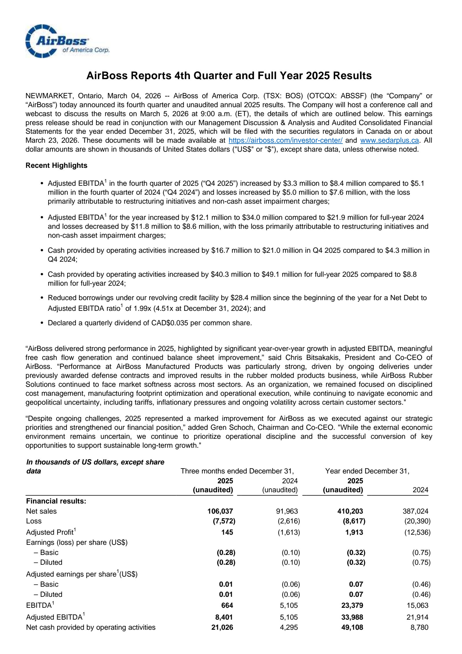 AirBoss of America's Q4 2025 Press Release