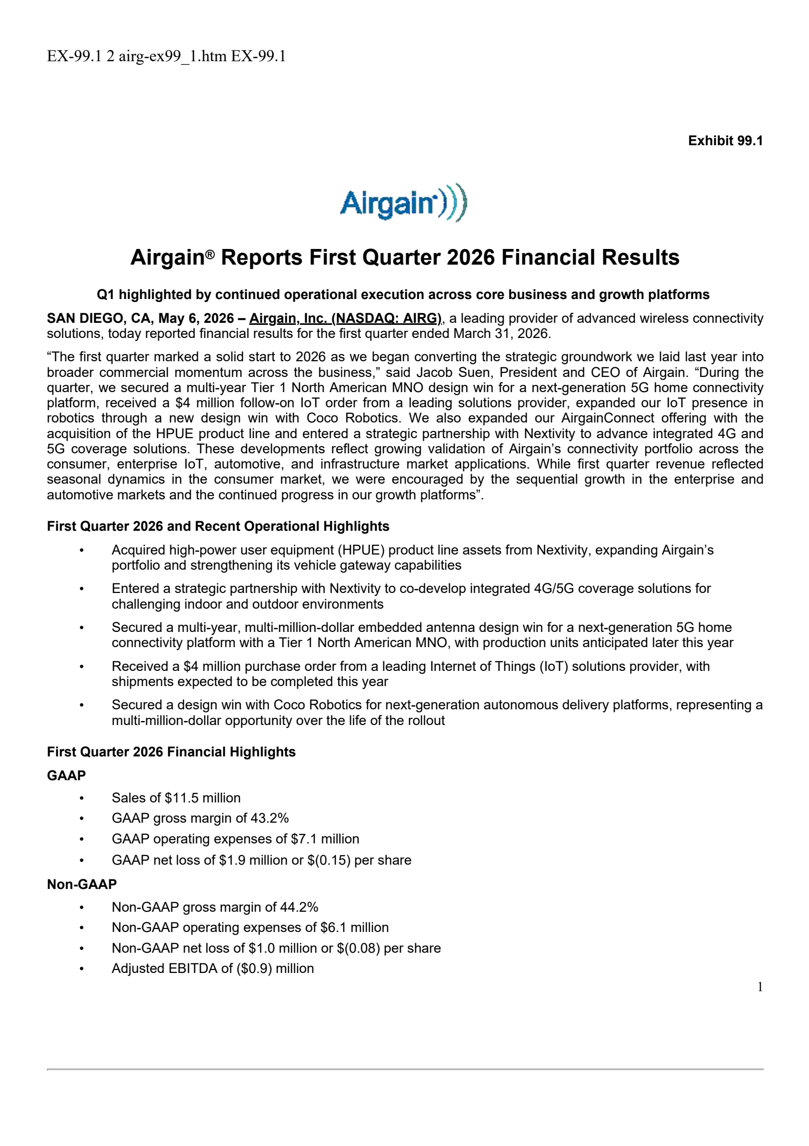 Airgain's Q1 2026 Press Release