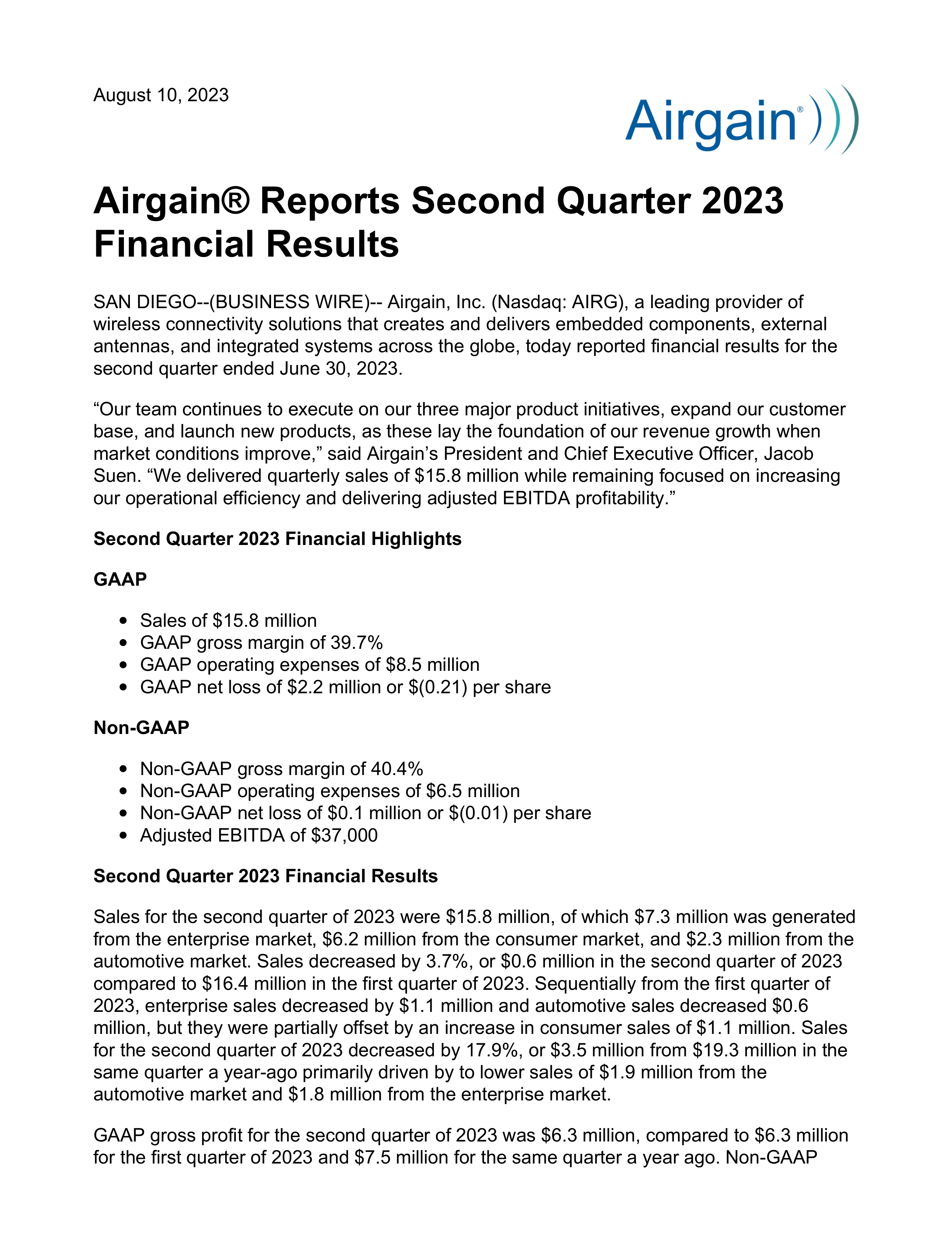 Airgain's Q2 2023 Press Release