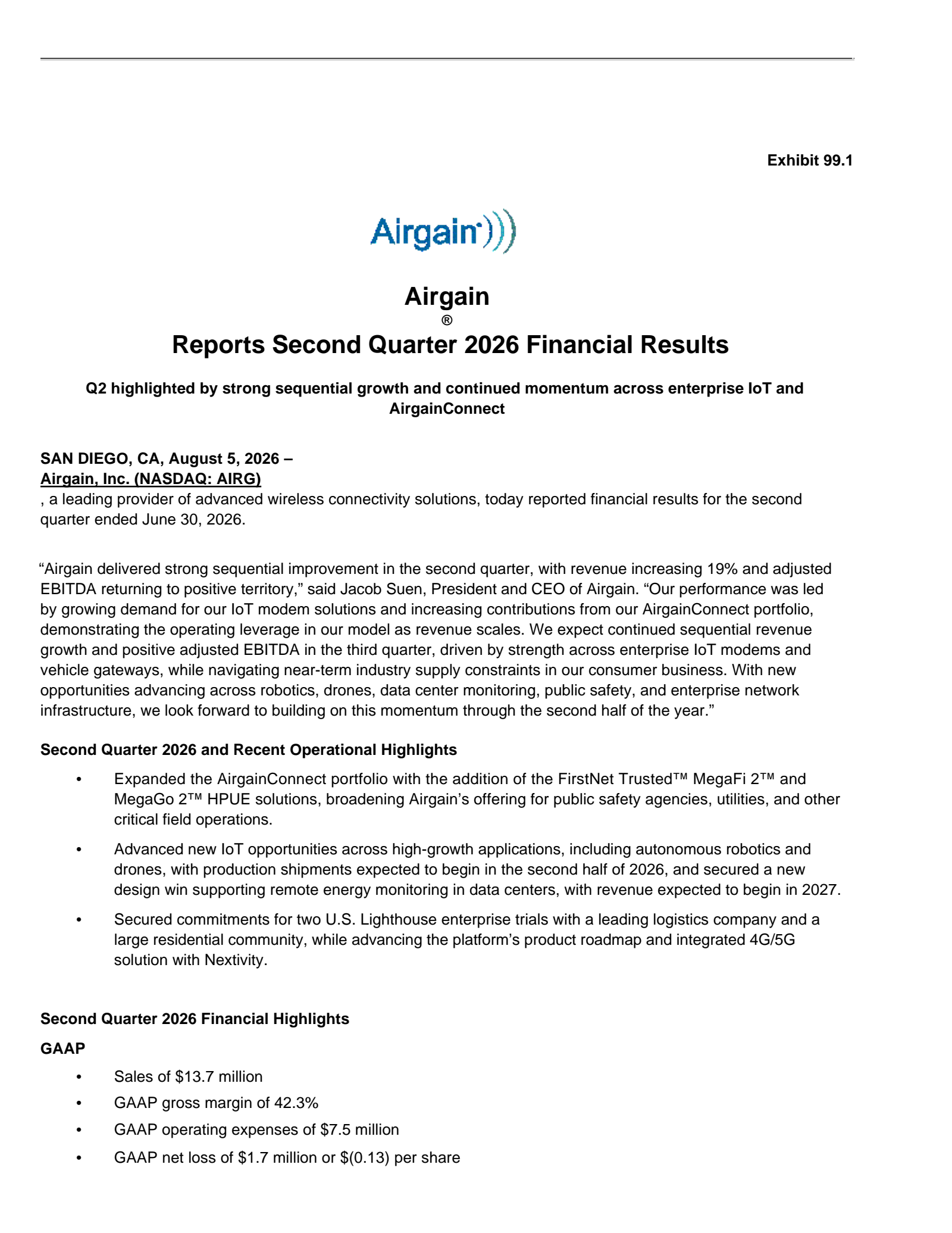 Airgain's Q2 2026 Press Release