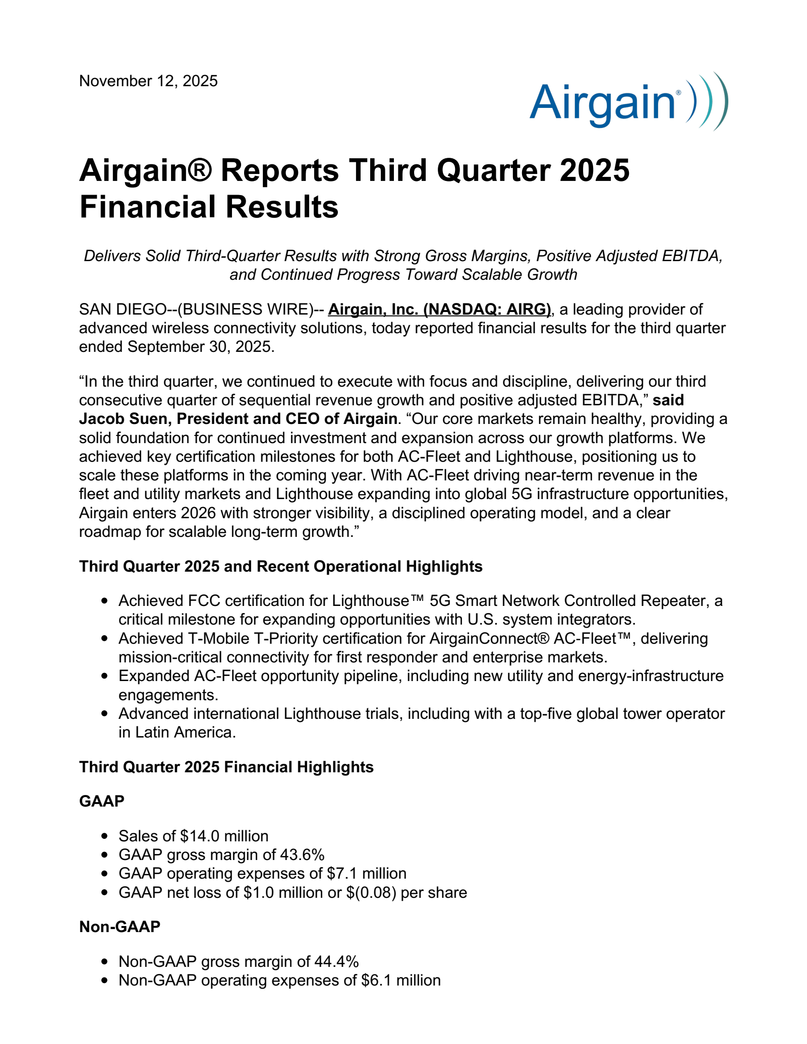 Airgain's Q3 2025 Earnings Release