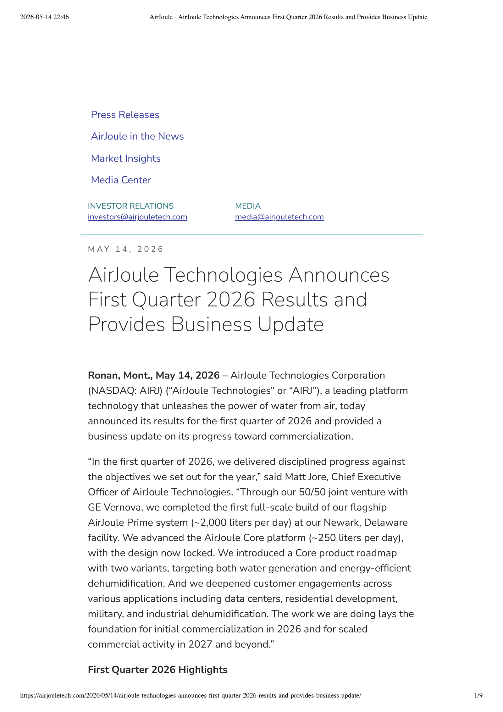 AirJoule Technologies' Q1 2026 Press Release