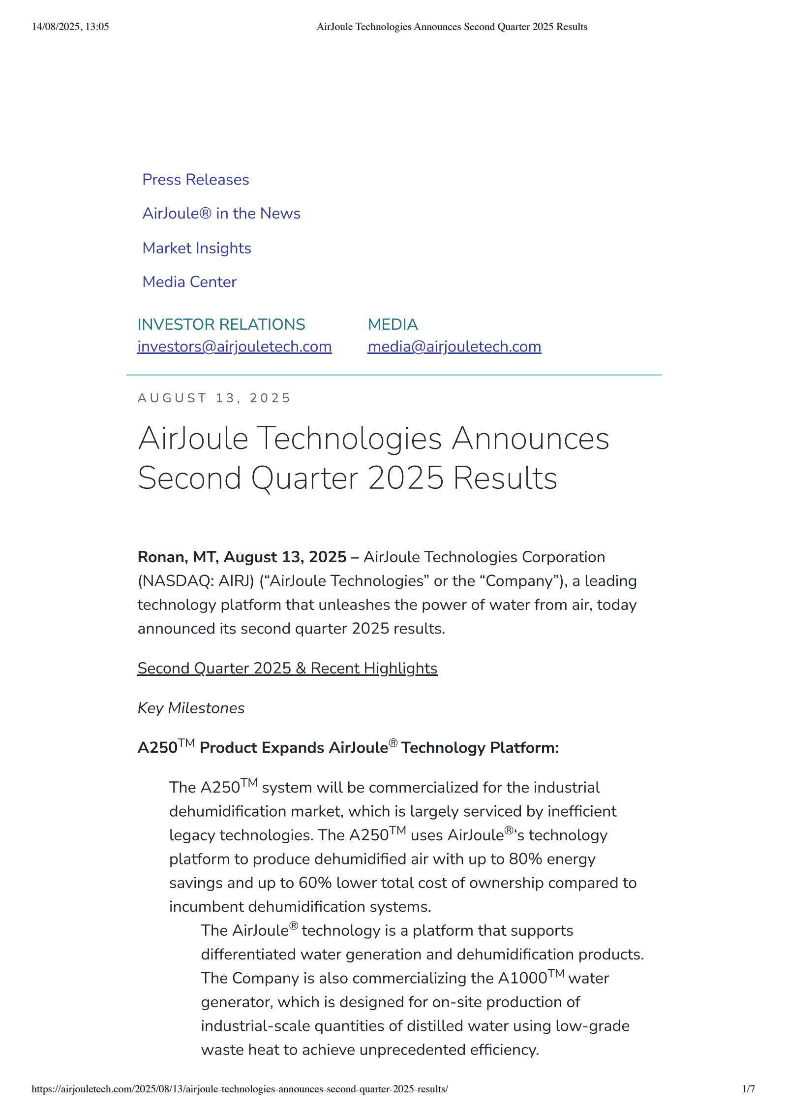 AirJoule Technologies' Q2 2025 Press Release