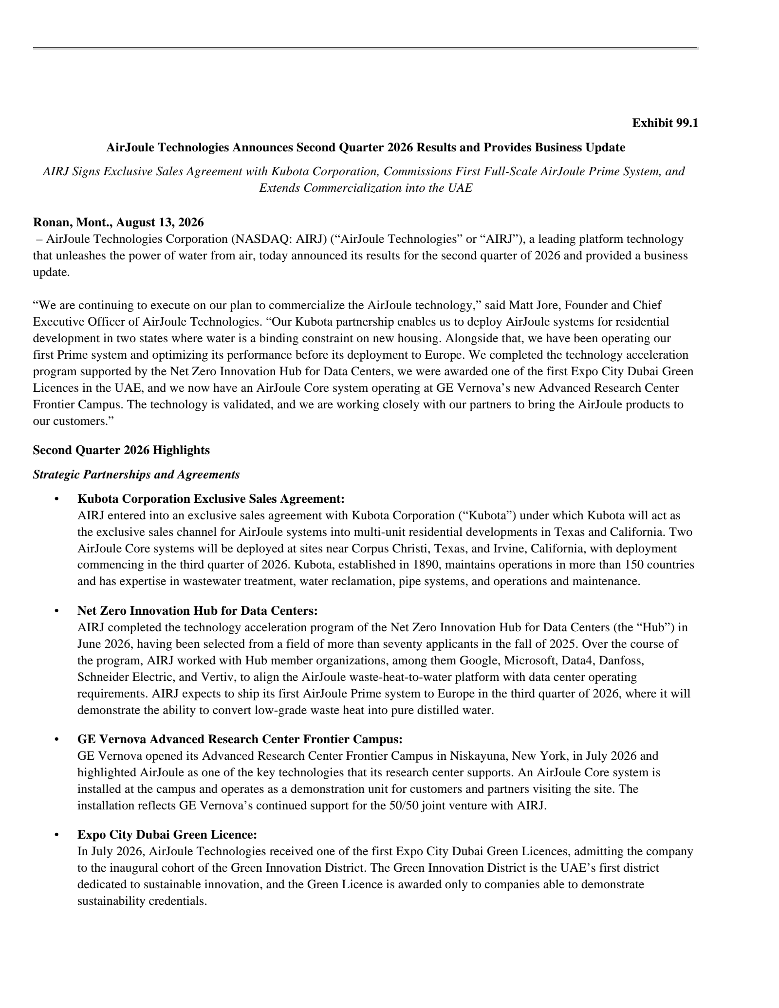AirJoule Technologies' Q2 2026 Press Release