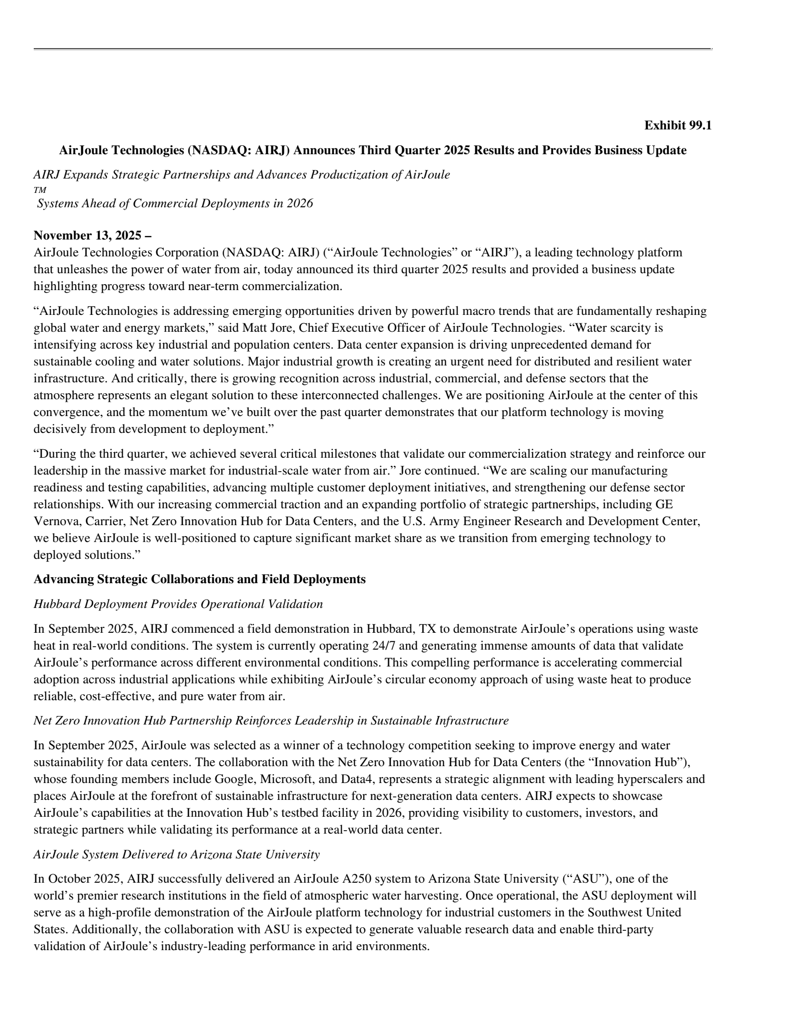 AirJoule Technologies' Q3 2025 Earnings Release