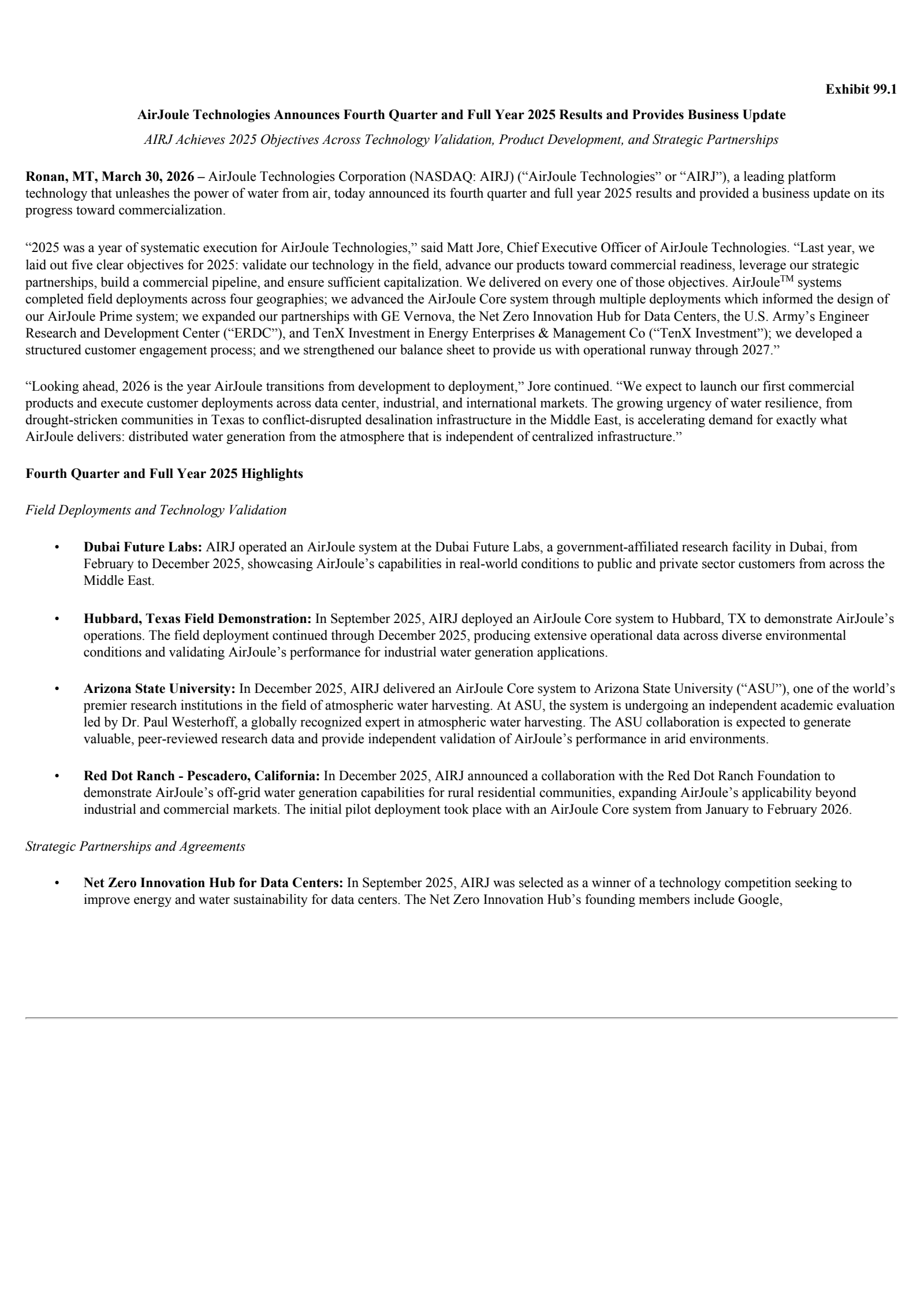 AirJoule Technologies' Q4 2025 Press Release