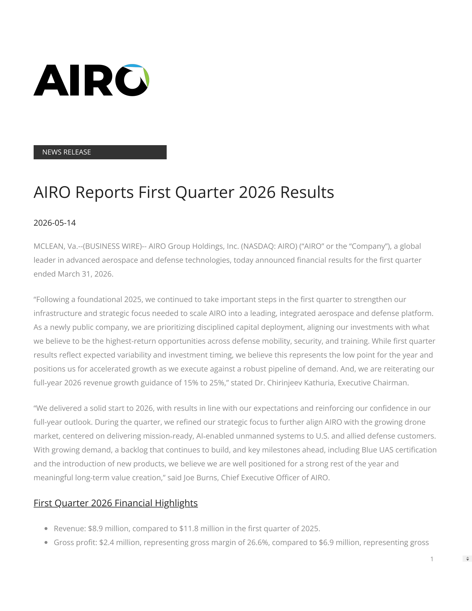 AIRO Group's Q1 2026 Press Release