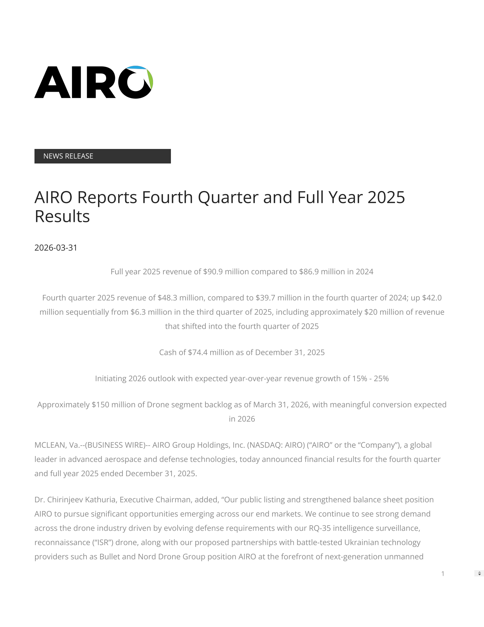 AIRO Group's Q4 2025 Press Release