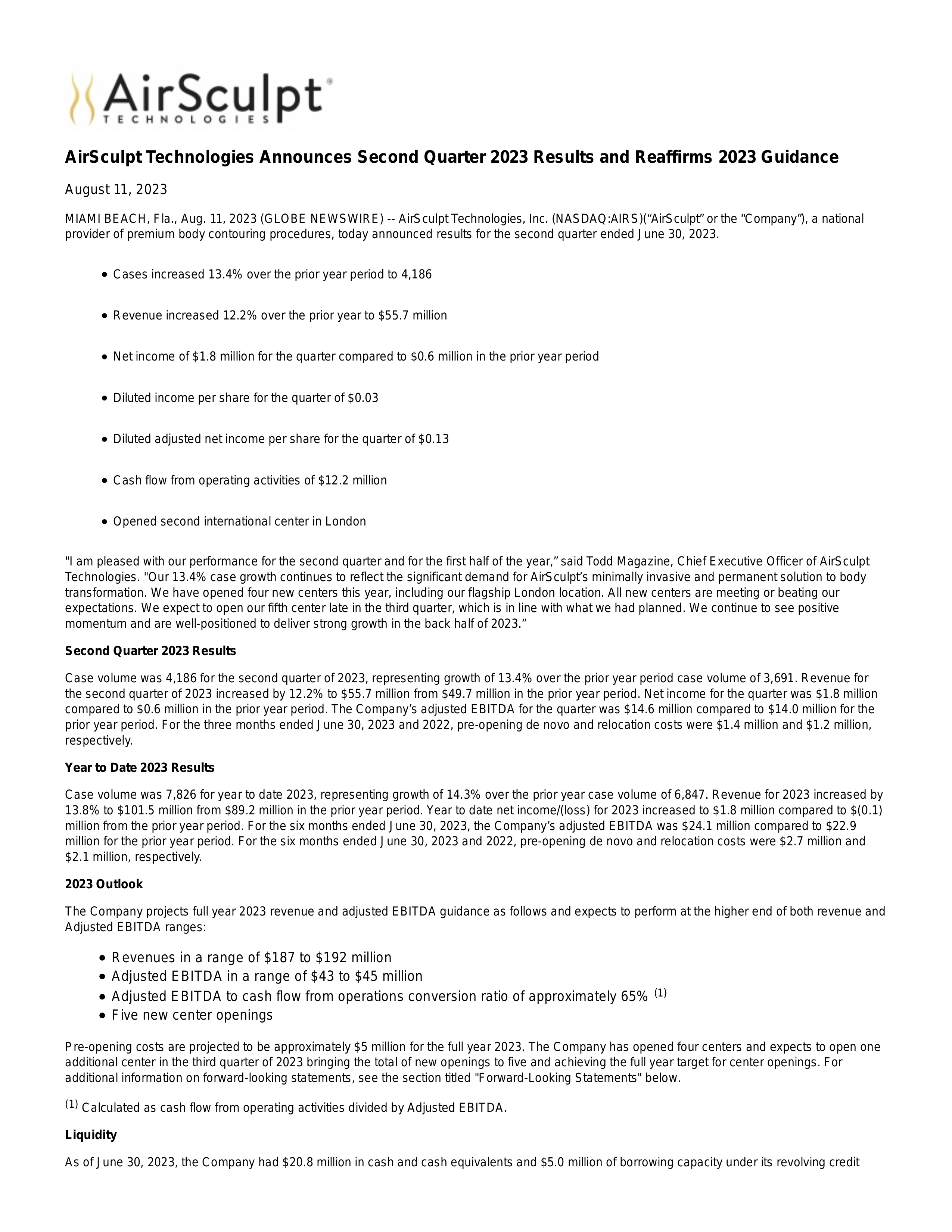 AirSculpt Technologies' Q2 2023 Press Release