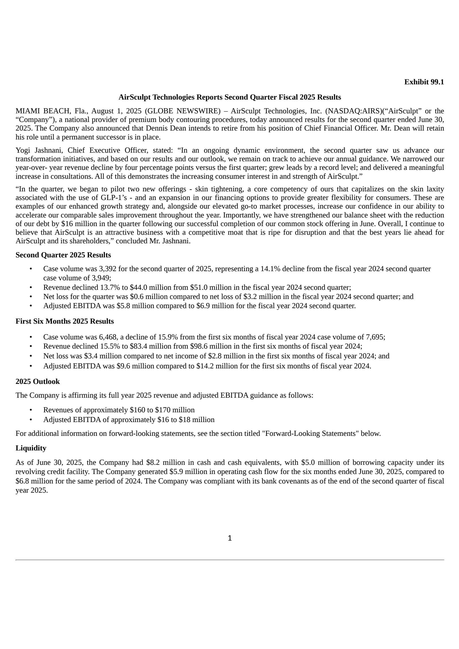 AirSculpt Technologies' Q2 2025 Press Release
