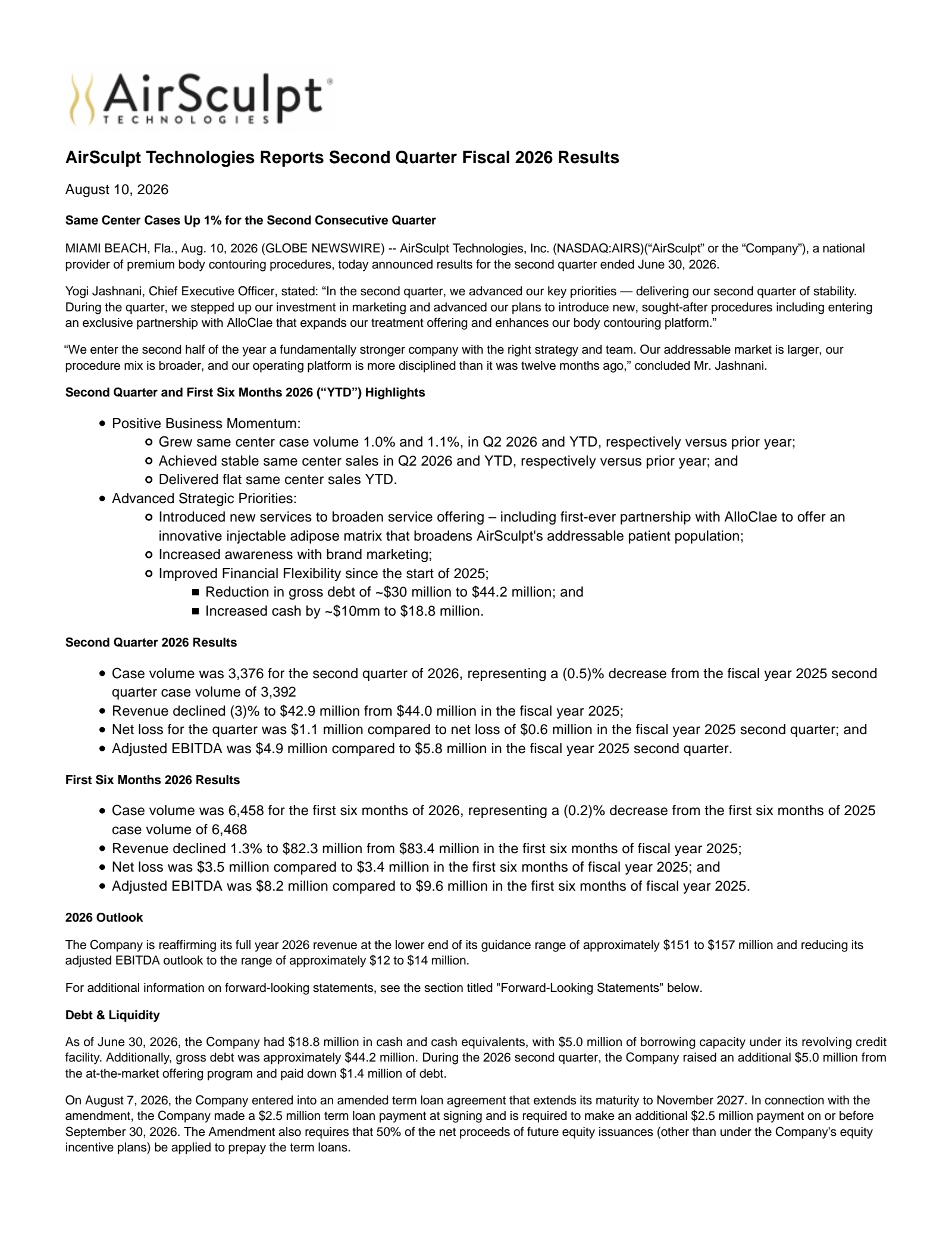 AirSculpt Technologies' Q2 2026 Press Release