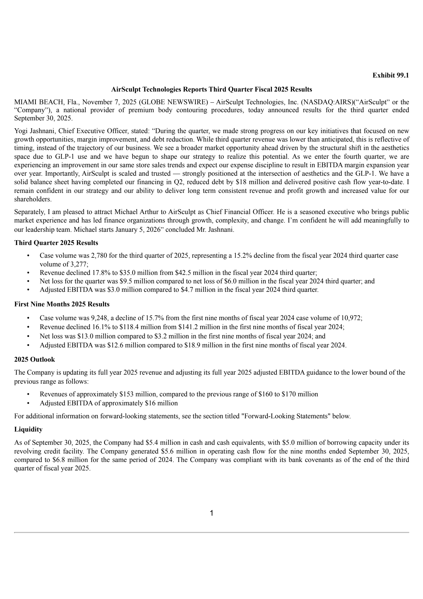 AirSculpt Technologies' Q3 2025 Earnings Release