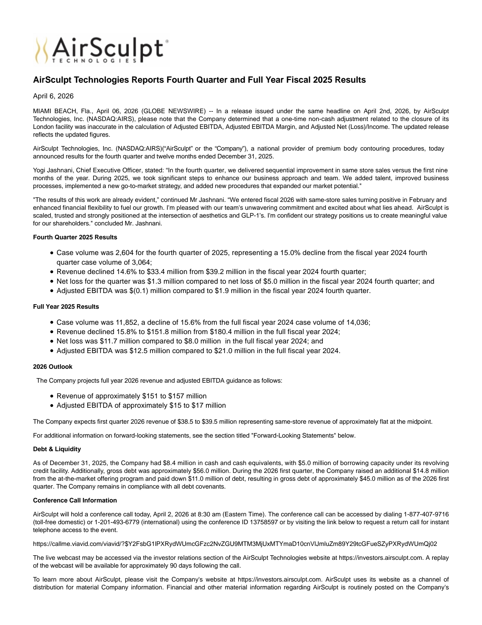 AirSculpt Technologies' Q4 2025 Press Release