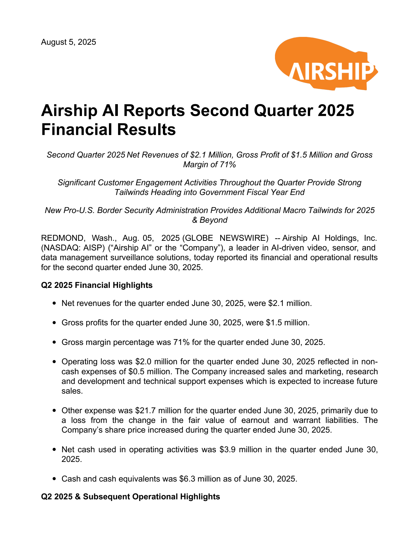 Airship AI's Q2 2025 Press Release