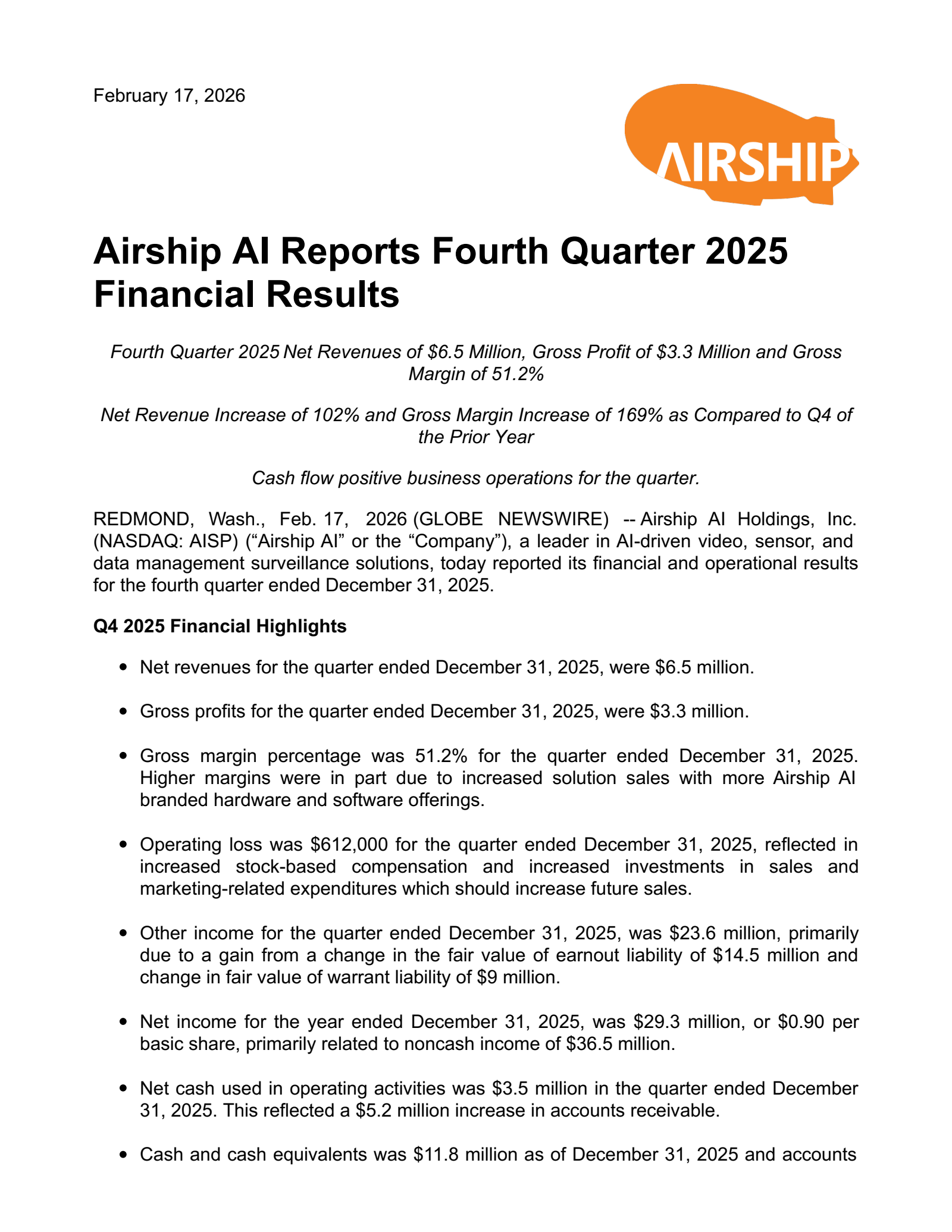 Airship AI's Q4 2025 Press Release