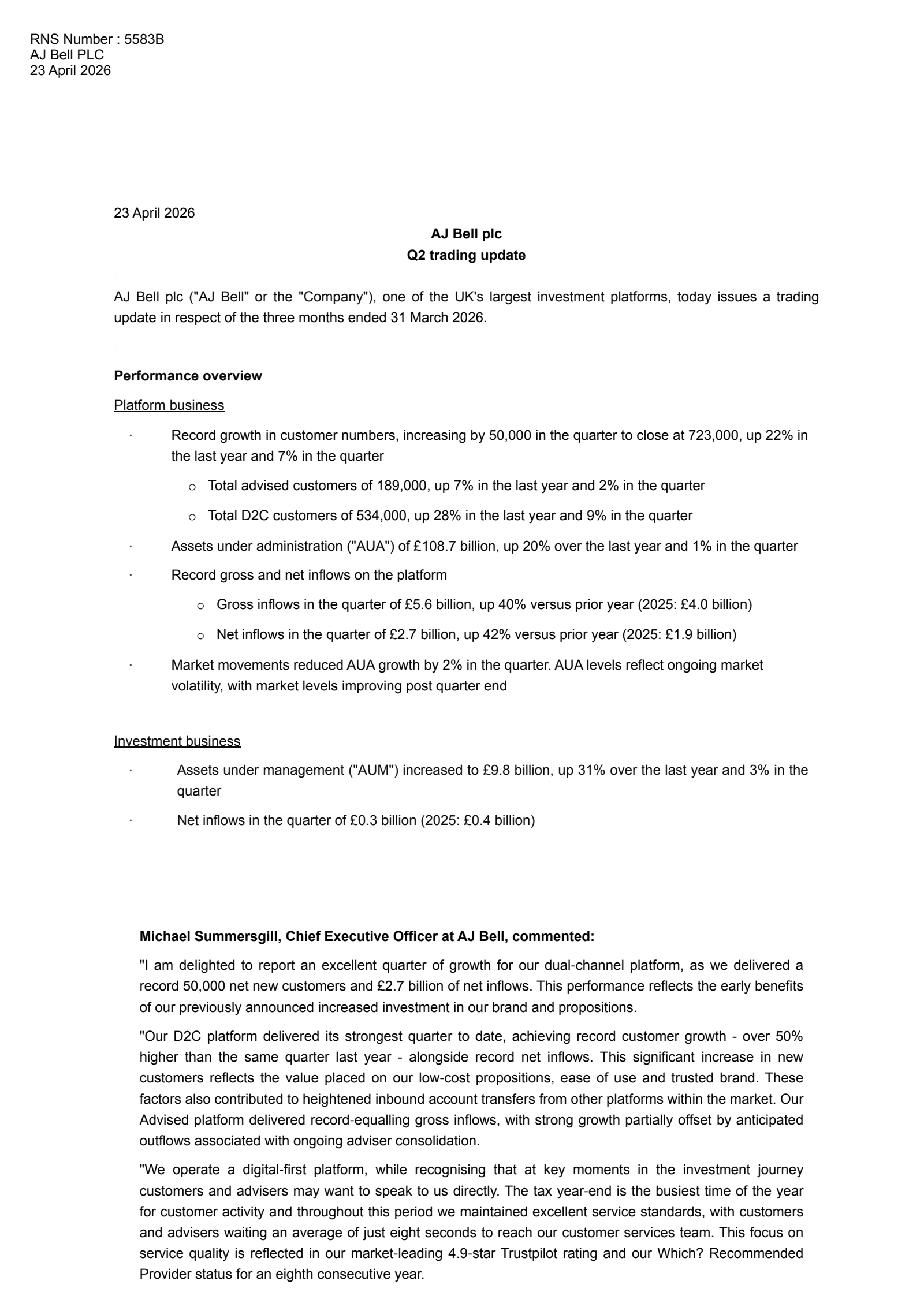 AJ Bell's Q2 2026 TU Press Release