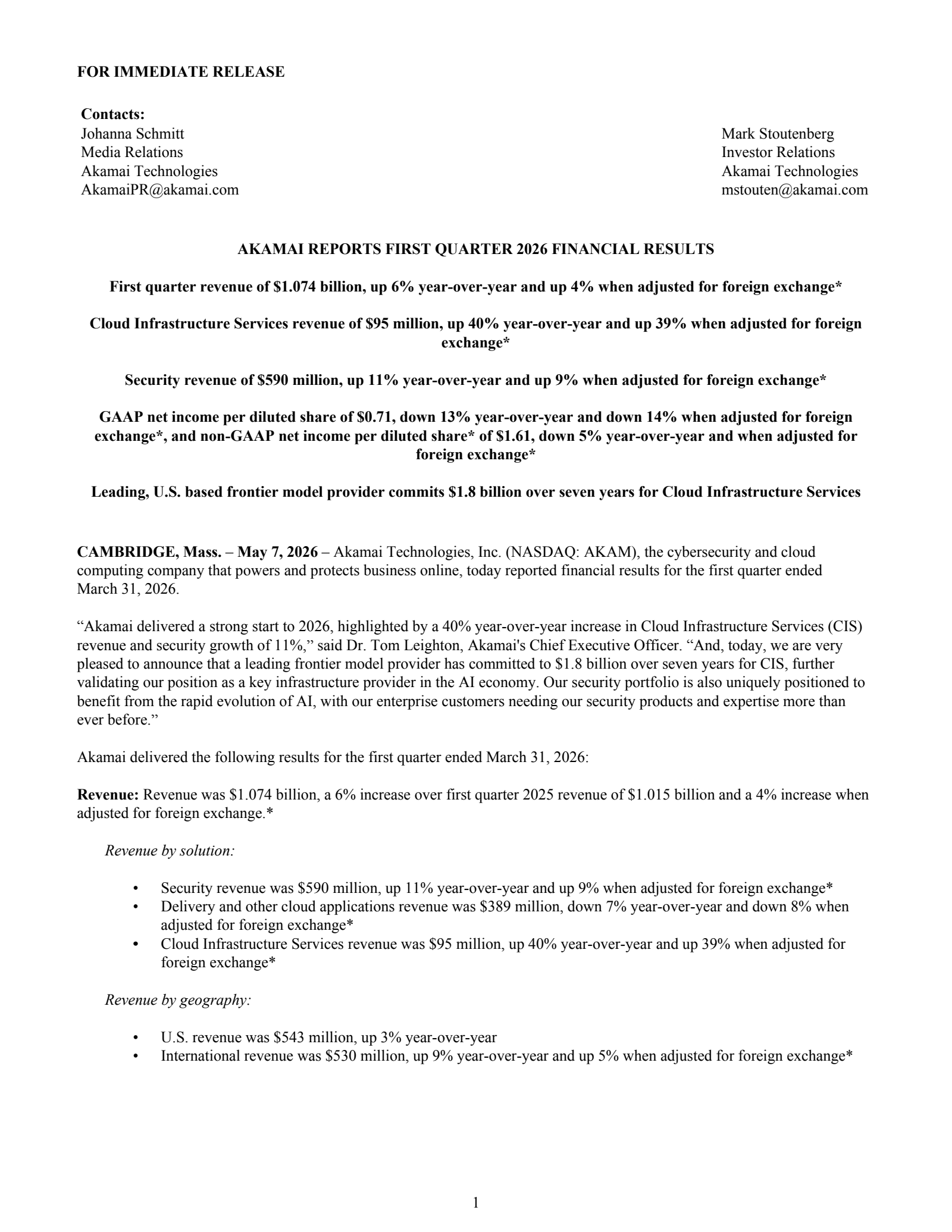 Akamai Technologies' Q1 2026 Press Release