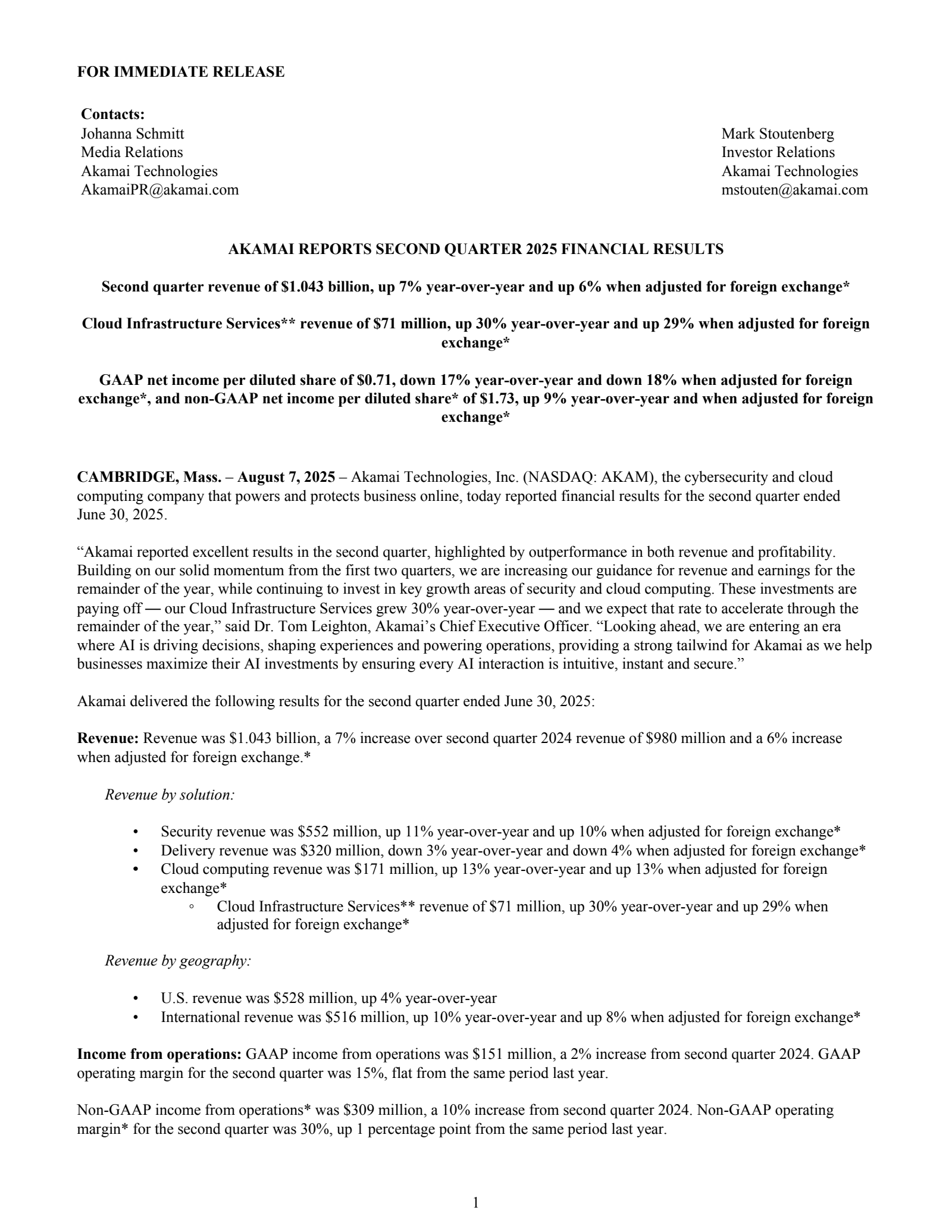 Akamai Technologies' Q2 2025 Press Release