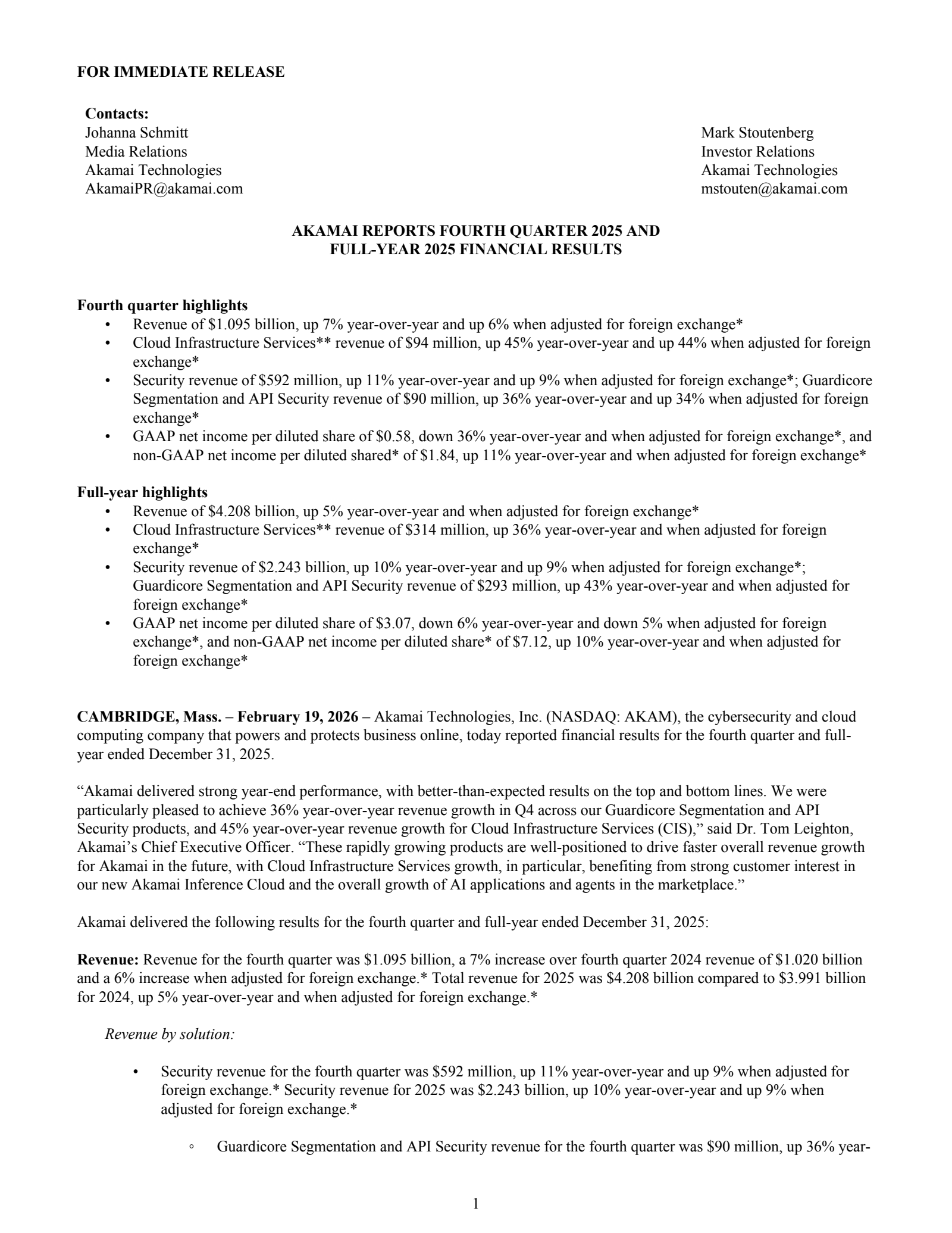 Akamai Technologies' Q4 2025 Press Release